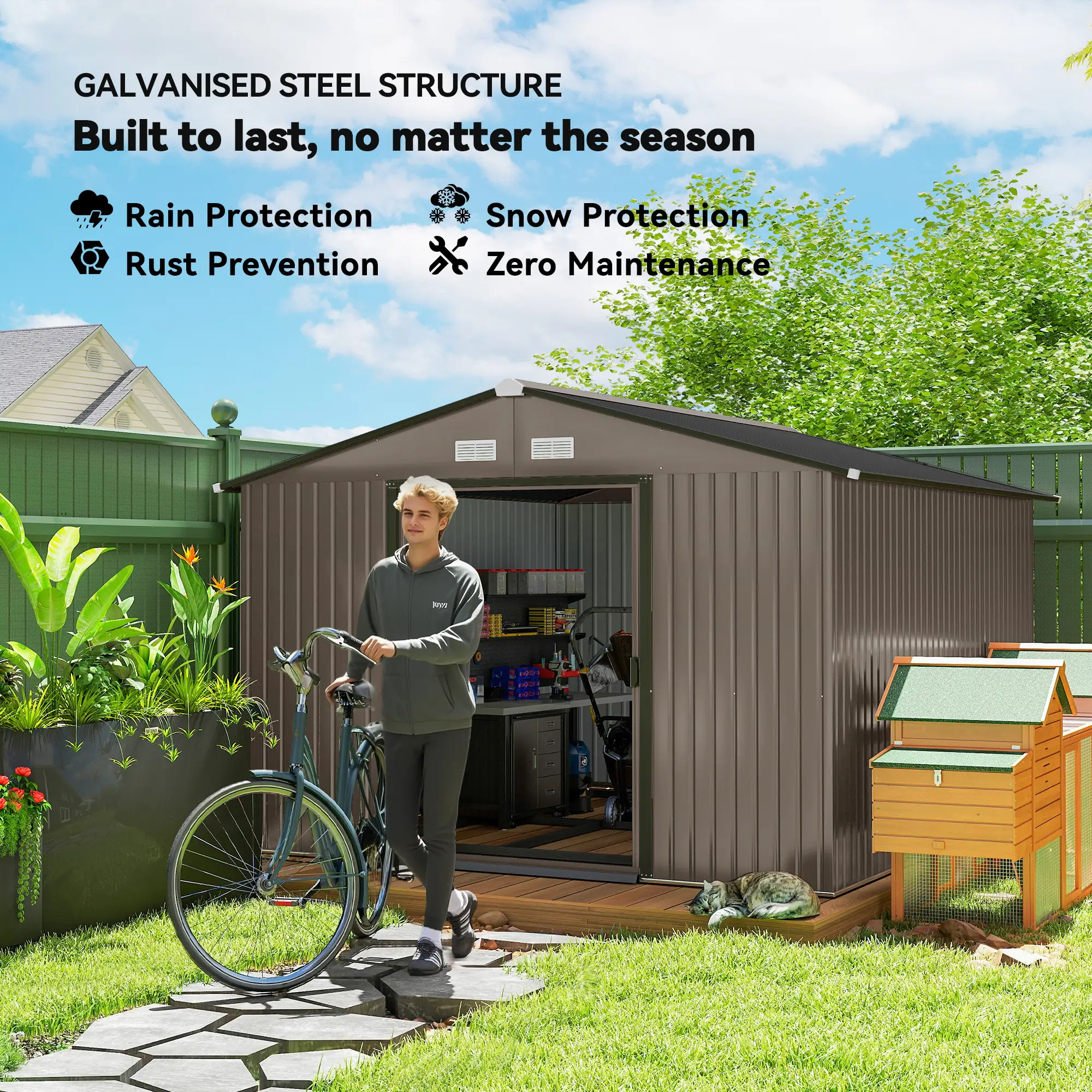 9' x 10.6' Garden Storage Shed, Foundation Kit, Metal Tool House, Double Doors, Brown - Image 4