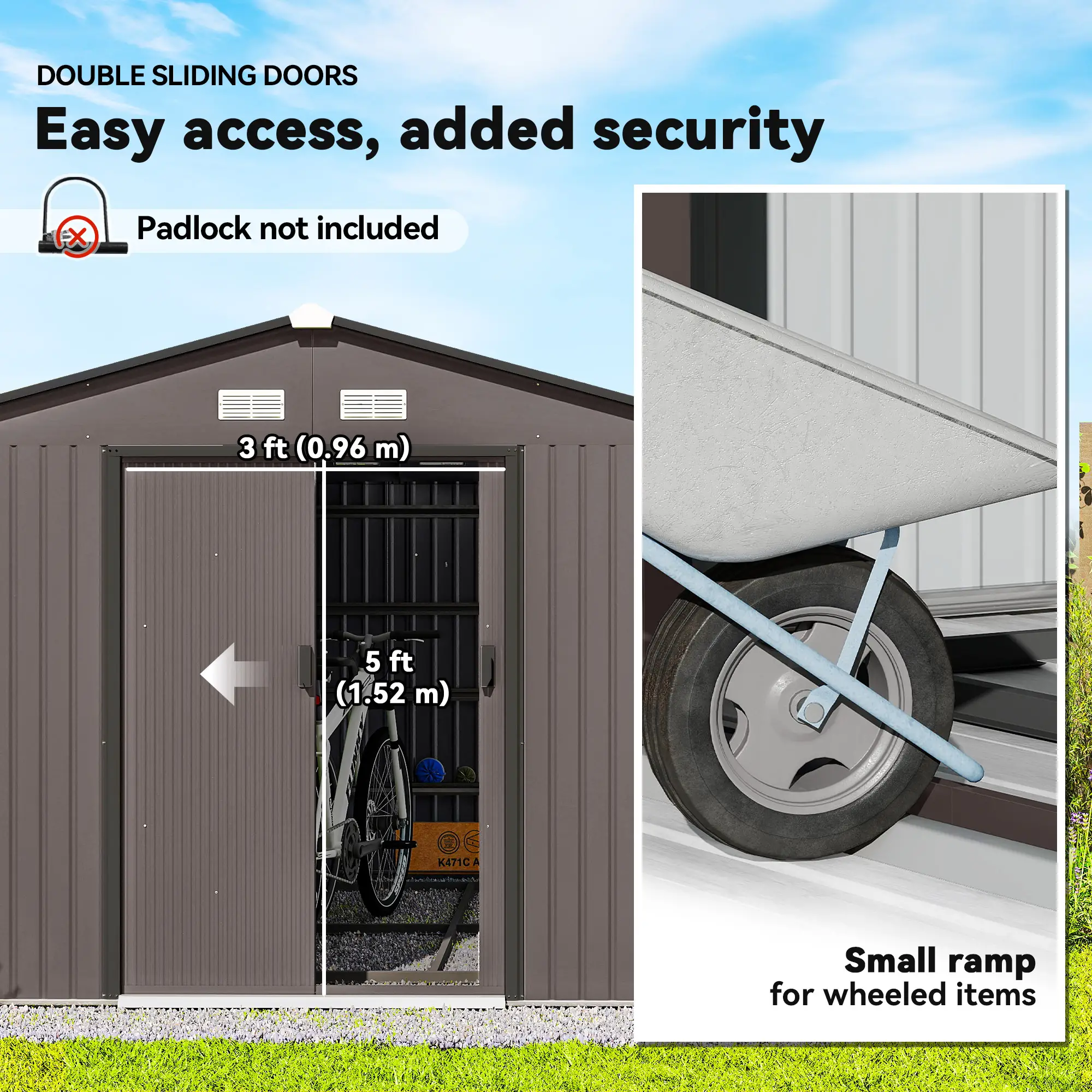 9' x 10.6' Garden Storage Shed, Foundation Kit, Metal Tool House, Double Doors, Brown - Image 5