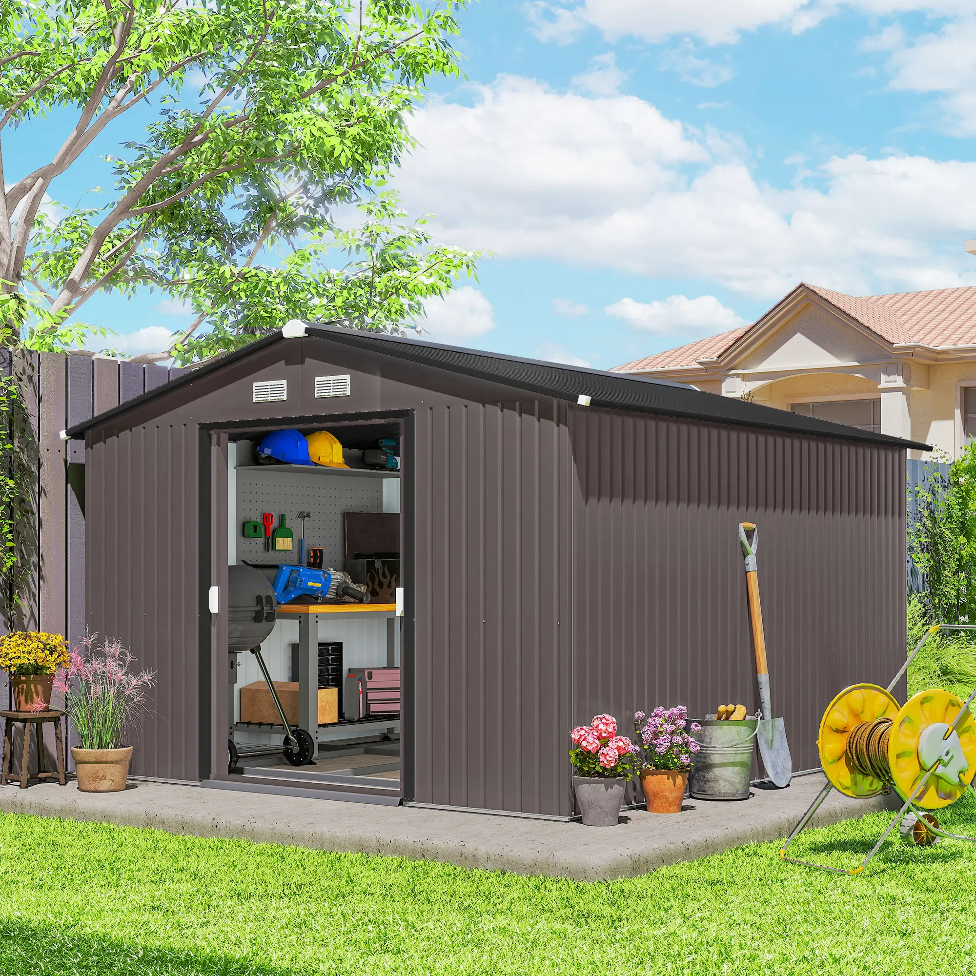 9' x 10.6' Garden Storage Shed, Foundation Kit, Metal Tool House, Double Doors, Brown - Image 8