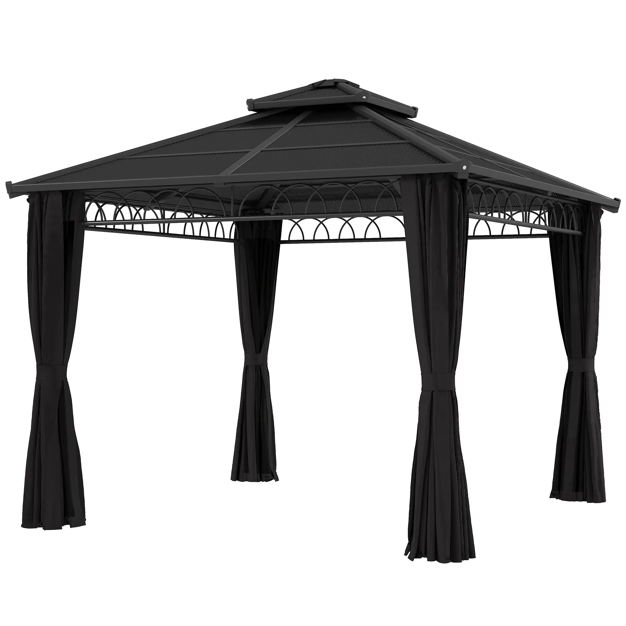 9' x 10' Hardtop Gazebo With Steel Frame, Nettings, Curtains, Black