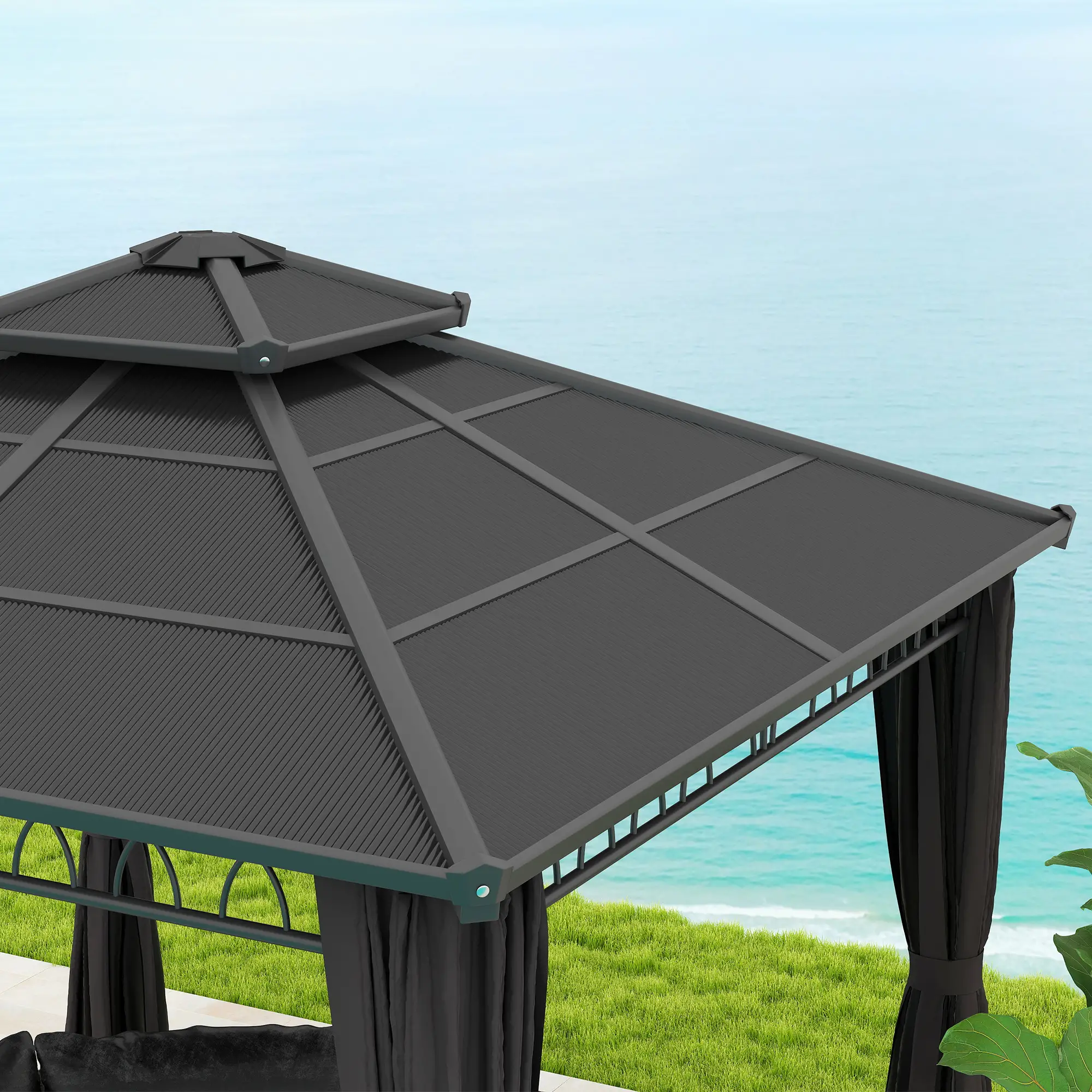 9' x 10' Hardtop Gazebo With Steel Frame, Nettings, Curtains, Black - Image 10
