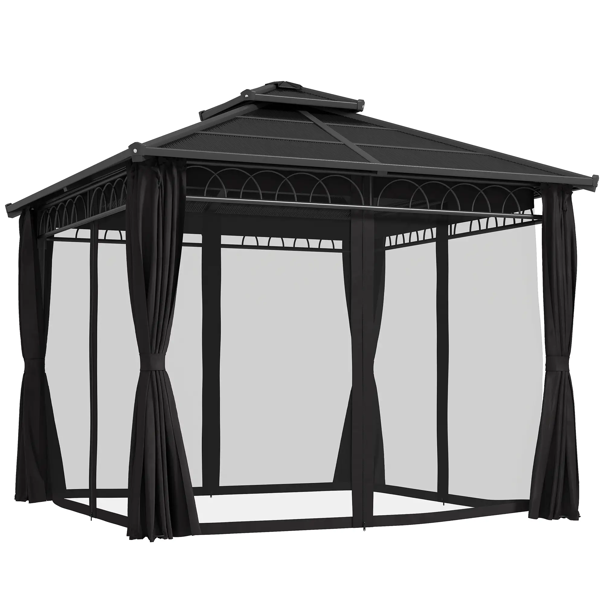 9' x 10' Hardtop Gazebo With Steel Frame, Nettings, Curtains, Black - Image 11