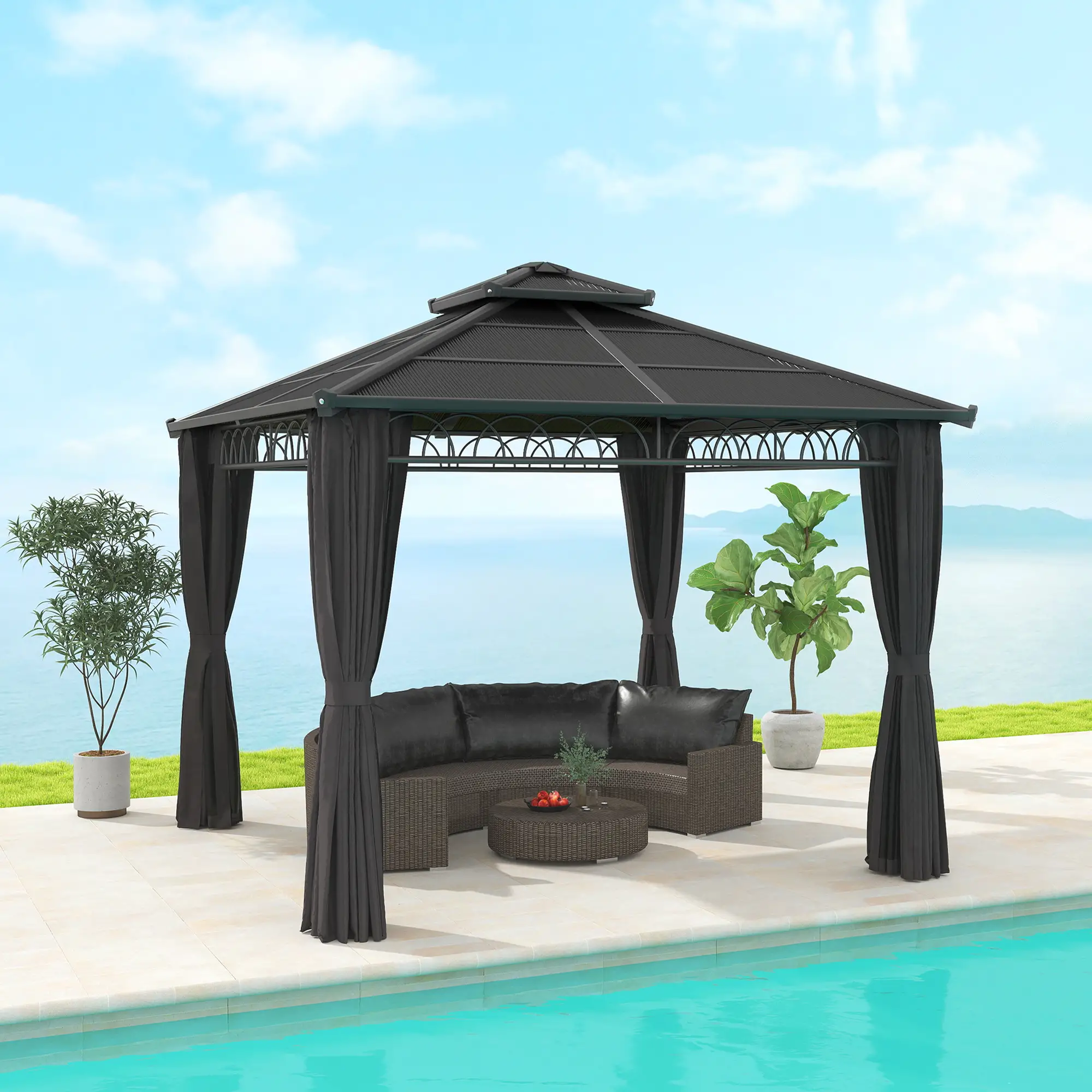 9' x 10' Hardtop Gazebo With Steel Frame, Nettings, Curtains, Black - Image 2