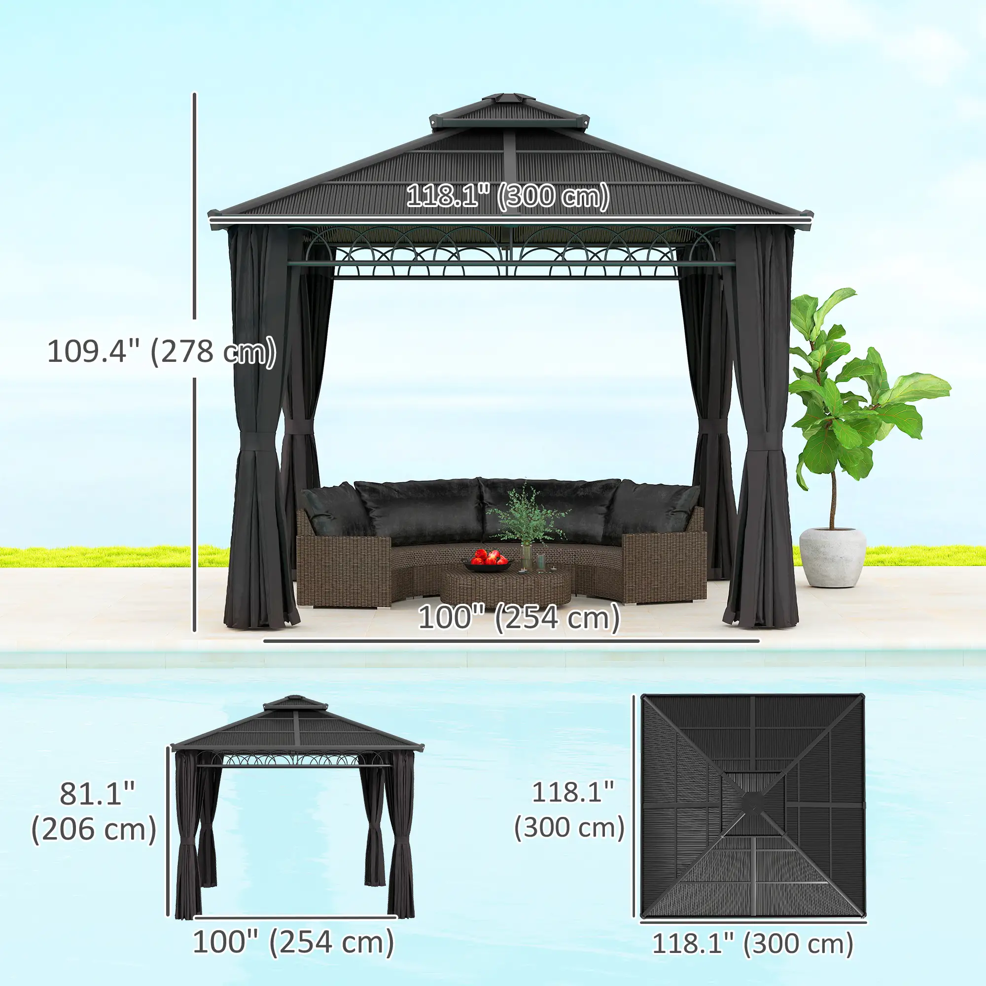 9' x 10' Hardtop Gazebo With Steel Frame, Nettings, Curtains, Black - Image 3