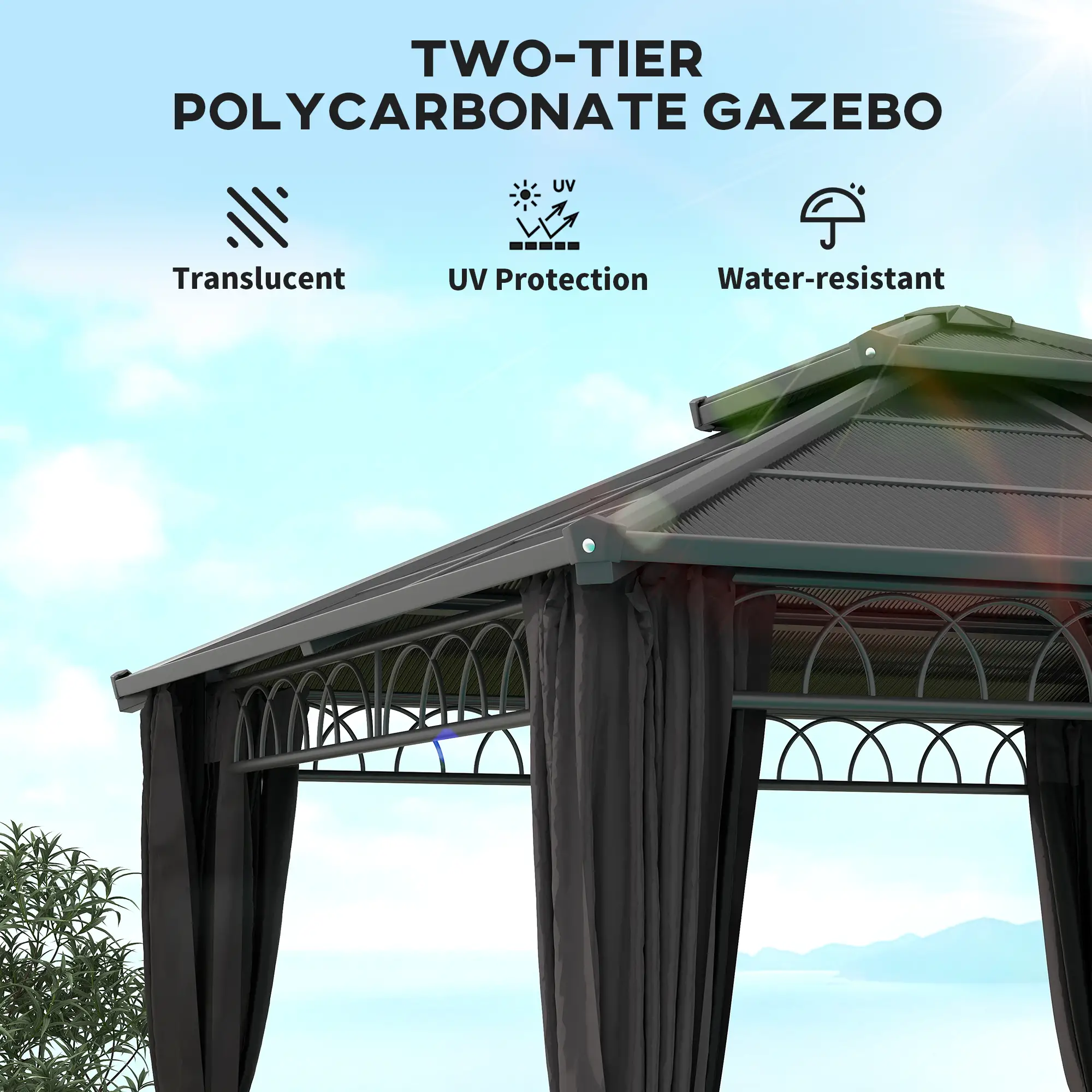 9' x 10' Hardtop Gazebo With Steel Frame, Nettings, Curtains, Black - Image 4
