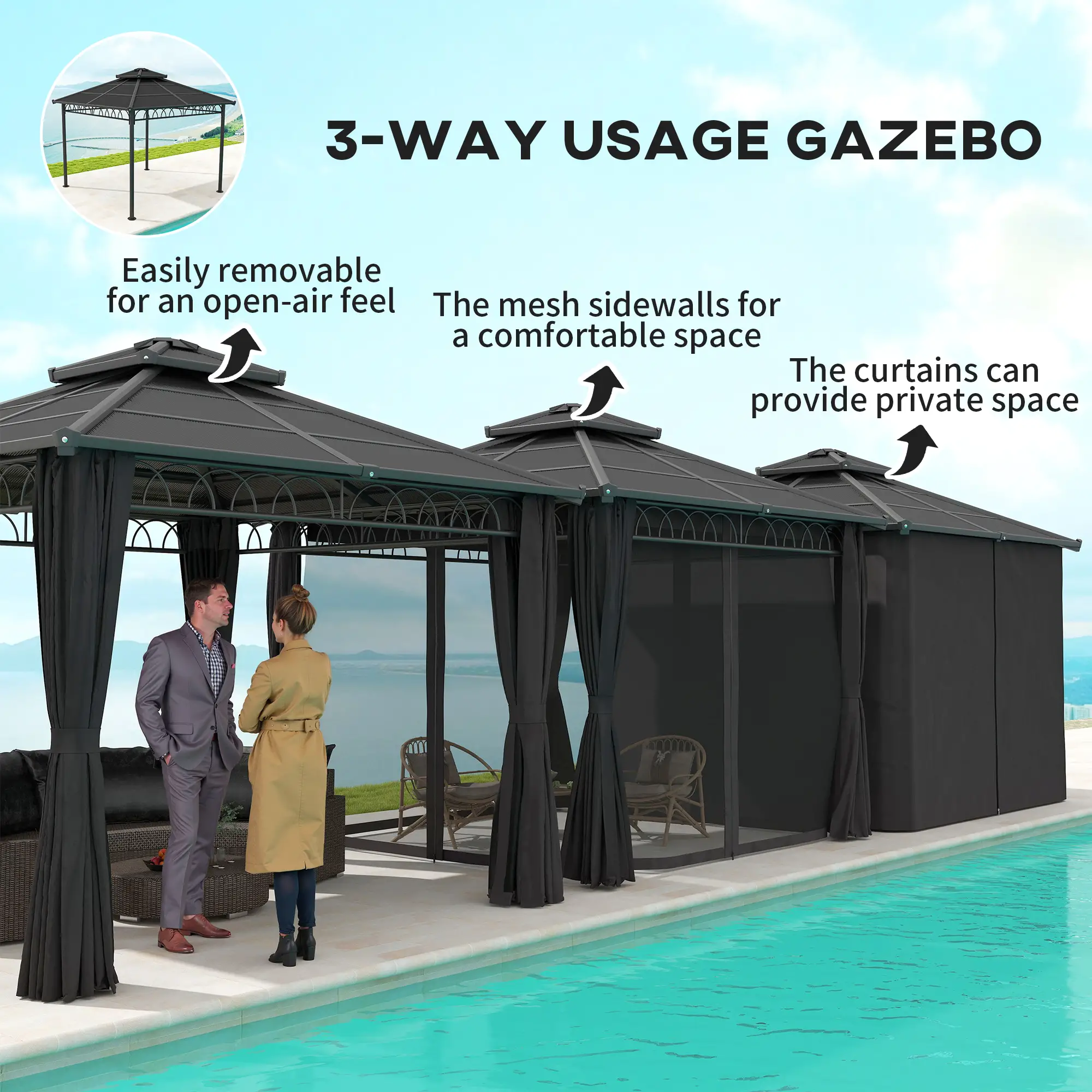 9' x 10' Hardtop Gazebo With Steel Frame, Nettings, Curtains, Black - Image 5
