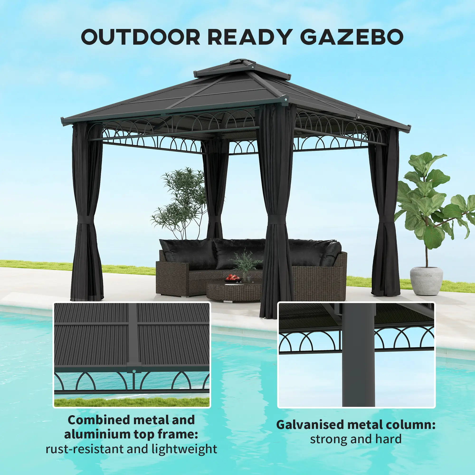 9' x 10' Hardtop Gazebo With Steel Frame, Nettings, Curtains, Black - Image 6