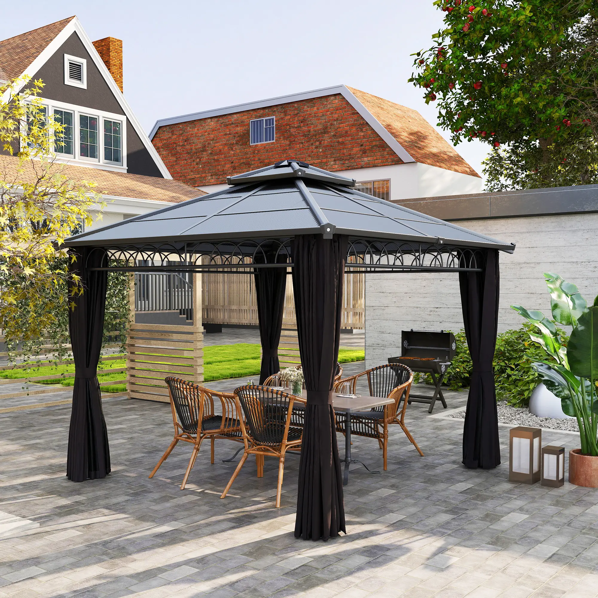 9' x 10' Hardtop Gazebo With Steel Frame, Nettings, Curtains, Black - Image 8
