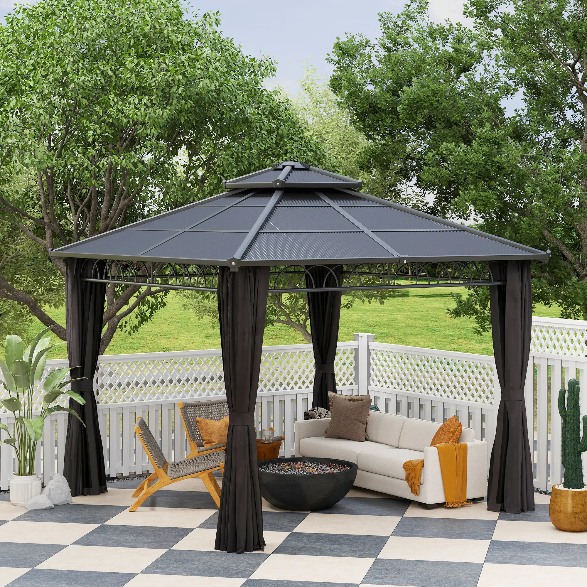 9' x 10' Hardtop Gazebo With Steel Frame, Nettings, Curtains, Black - Image 9
