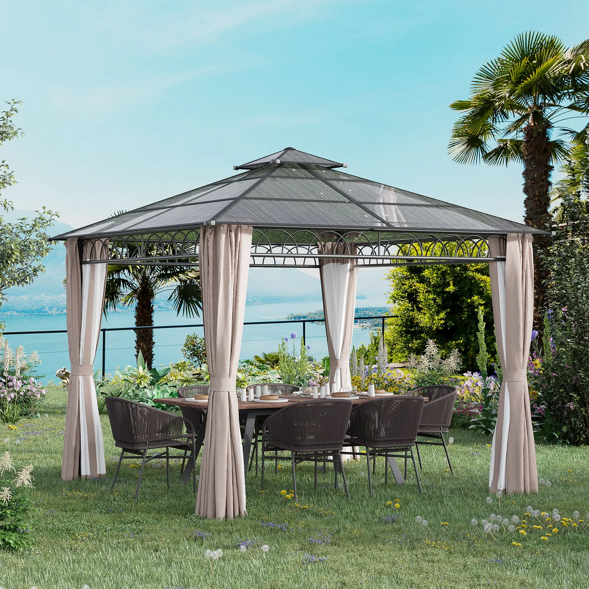 9' x 10' Outdoor Hardtop Gazebo, Steel Frame, Nettings, Curtains, Khaki - Image 8