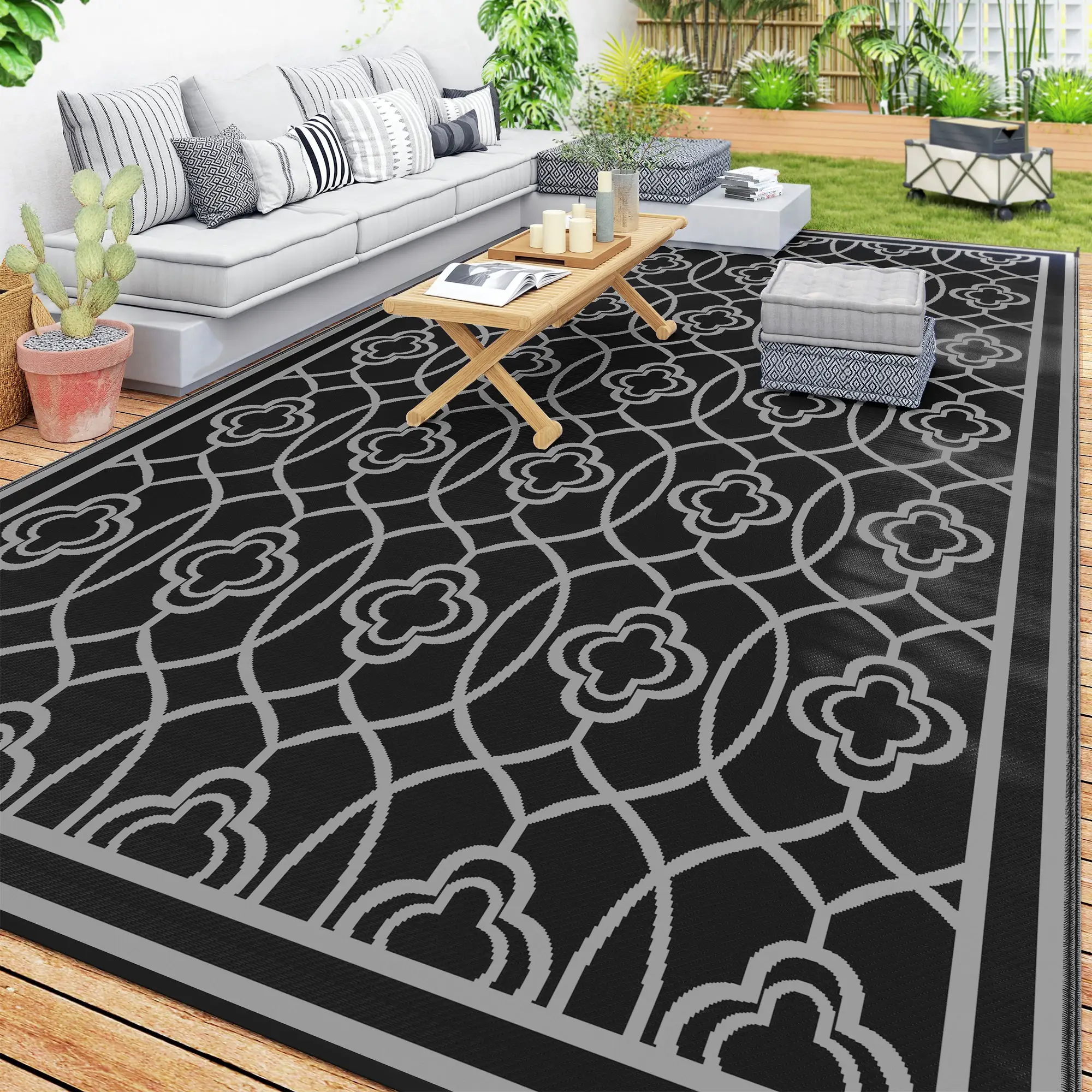 9' x 18' Outdoor RV Rug, Reversible Patio Floor Mat, Black and Grey - Image 11
