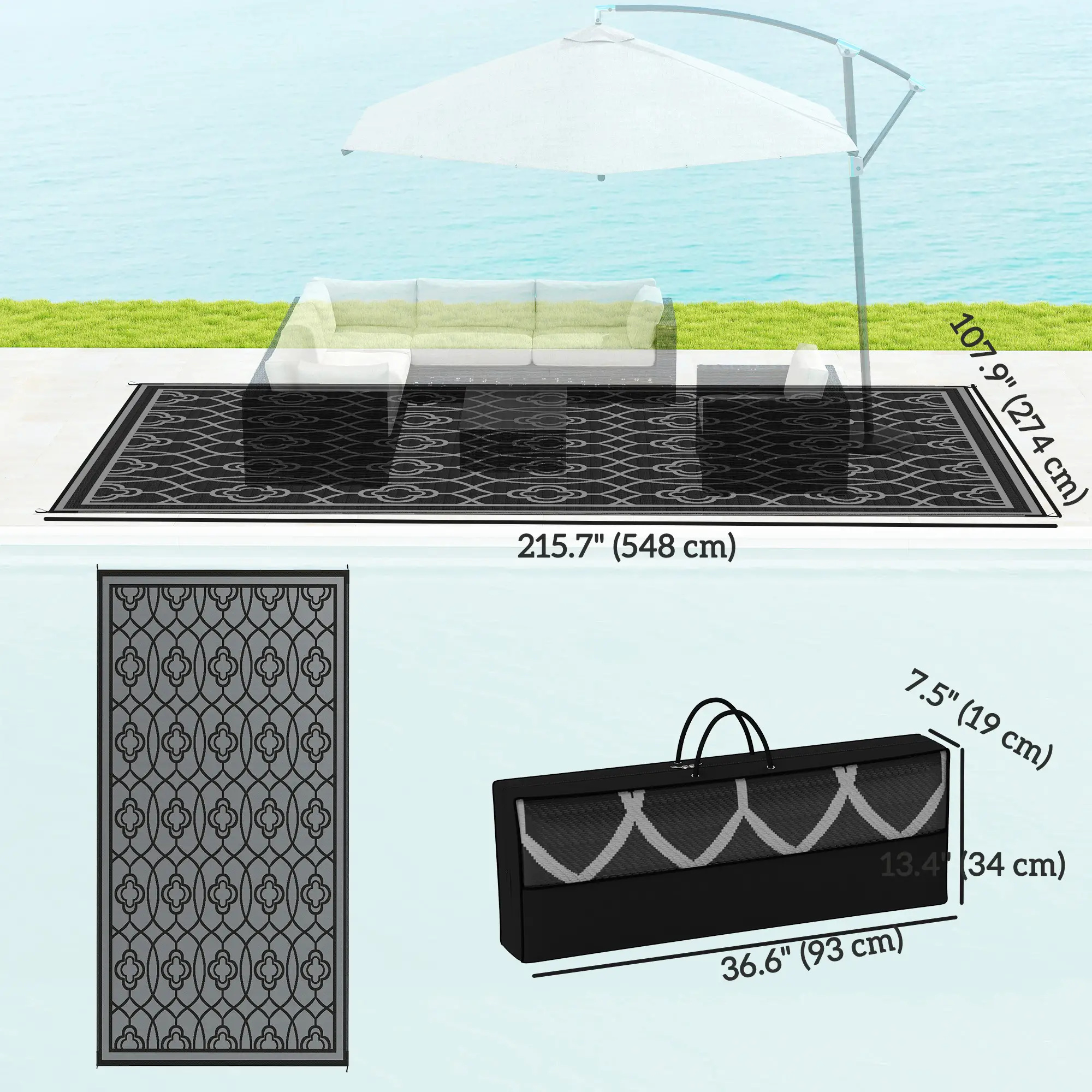 9' x 18' Outdoor RV Rug, Reversible Patio Floor Mat, Black and Grey - Image 3