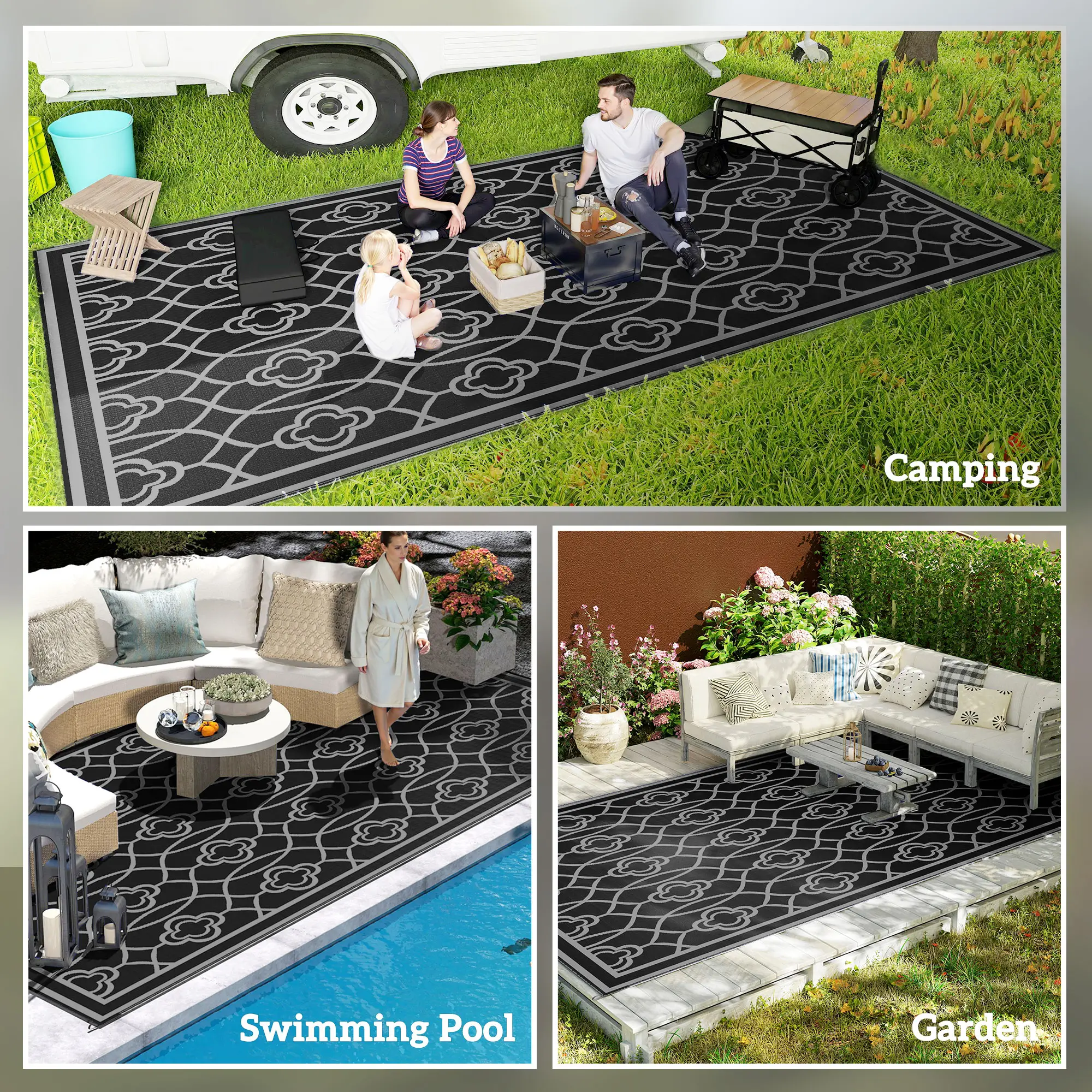 9' x 18' Outdoor RV Rug, Reversible Patio Floor Mat, Black and Grey - Image 5