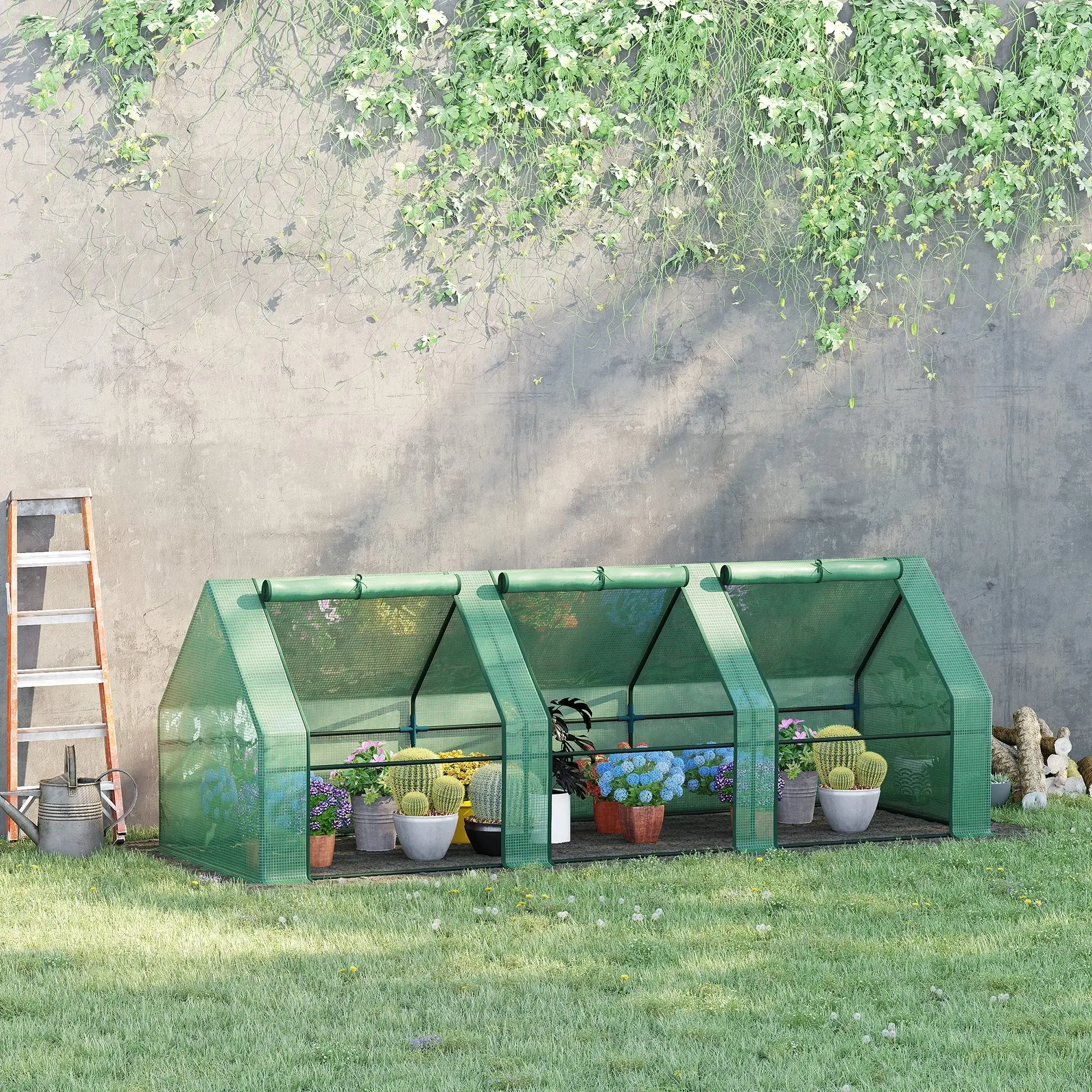 9' x 3' x 3' Mini Greenhouse, PE Cover, Zippered Doors, Green - Image 2