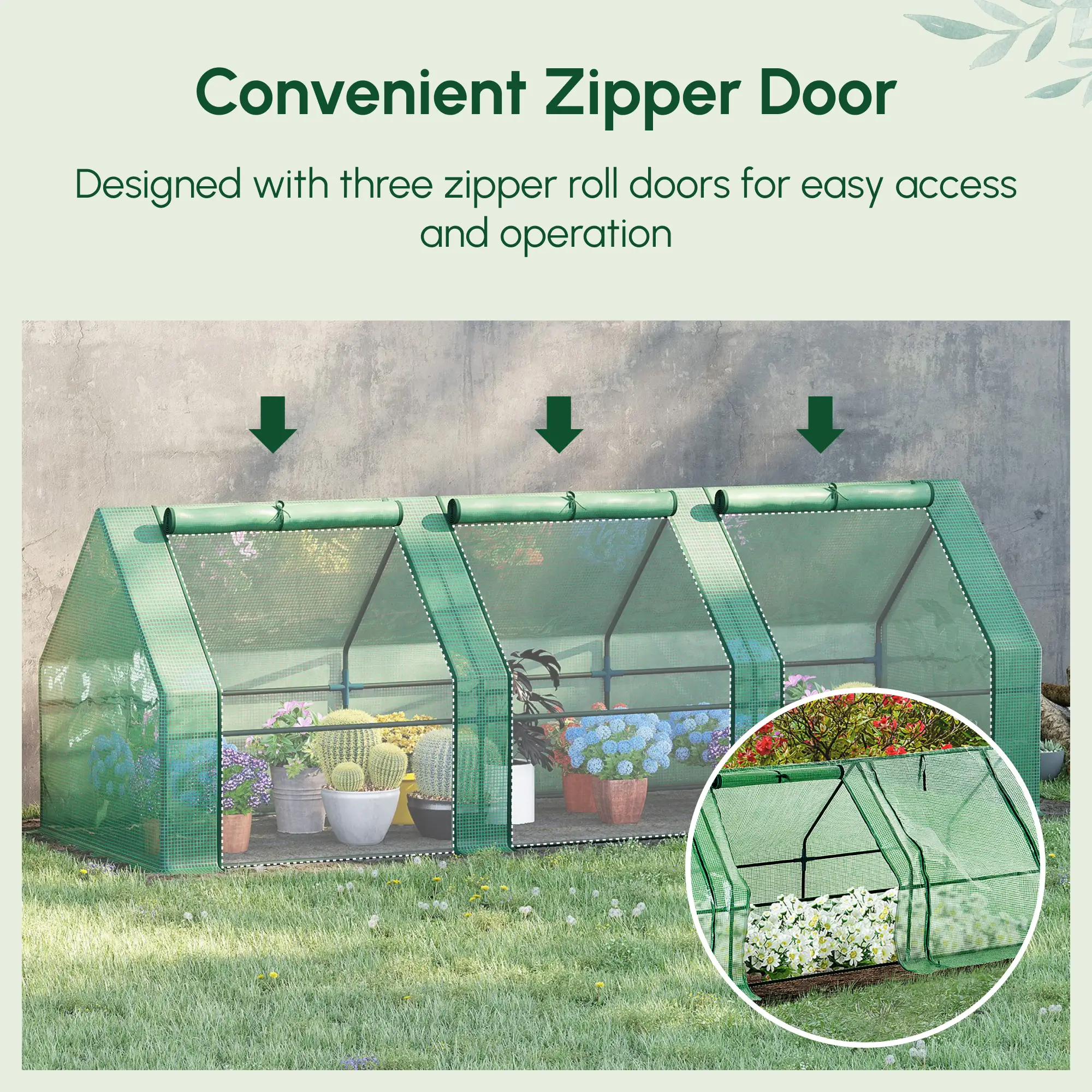 9' x 3' x 3' Mini Greenhouse, PE Cover, Zippered Doors, Green - Image 4