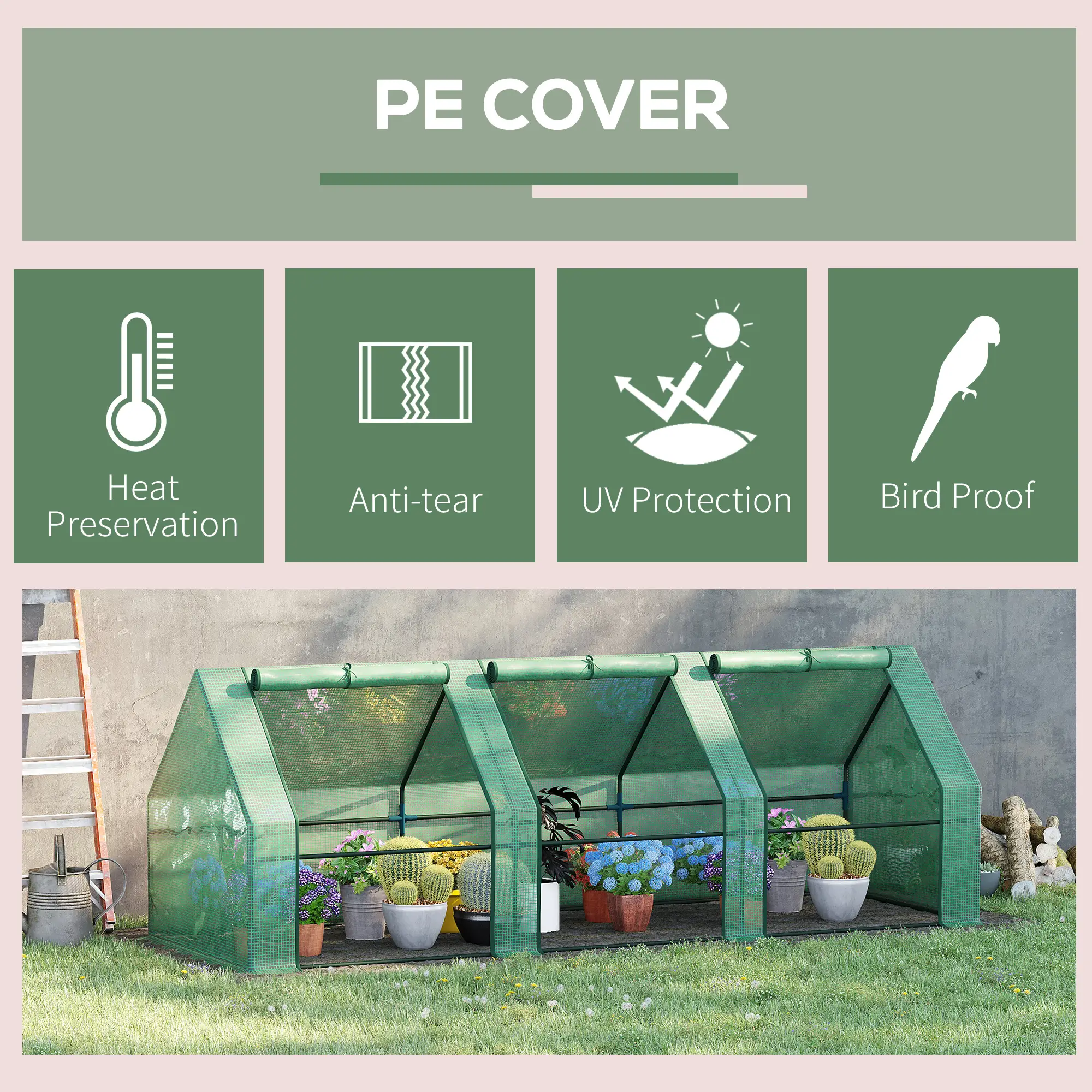 9' x 3' x 3' Mini Greenhouse, PE Cover, Zippered Doors, Green - Image 5