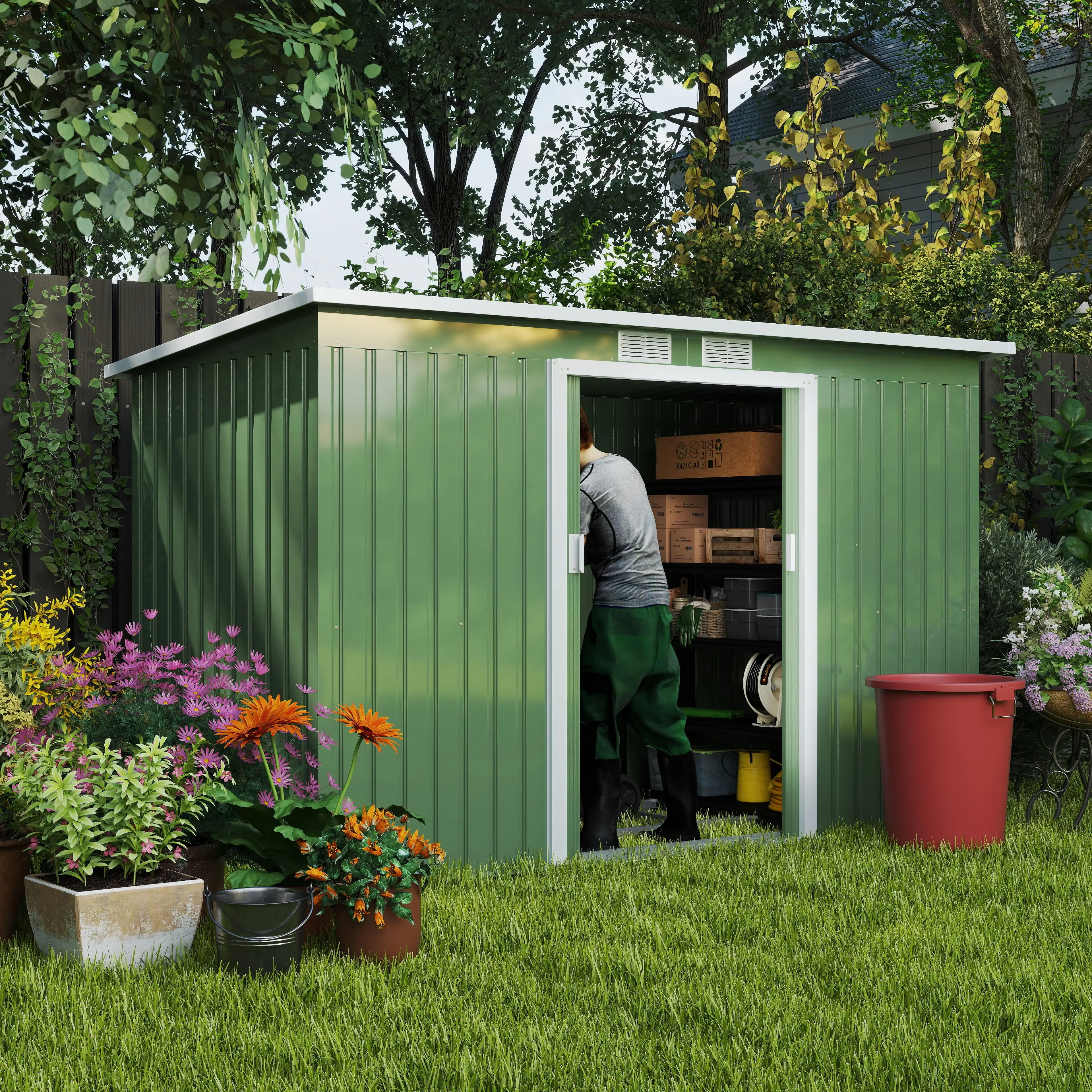 9' x 4' Metal Garden Storage Shed, with Foundation Kit, Light Green - Image 8