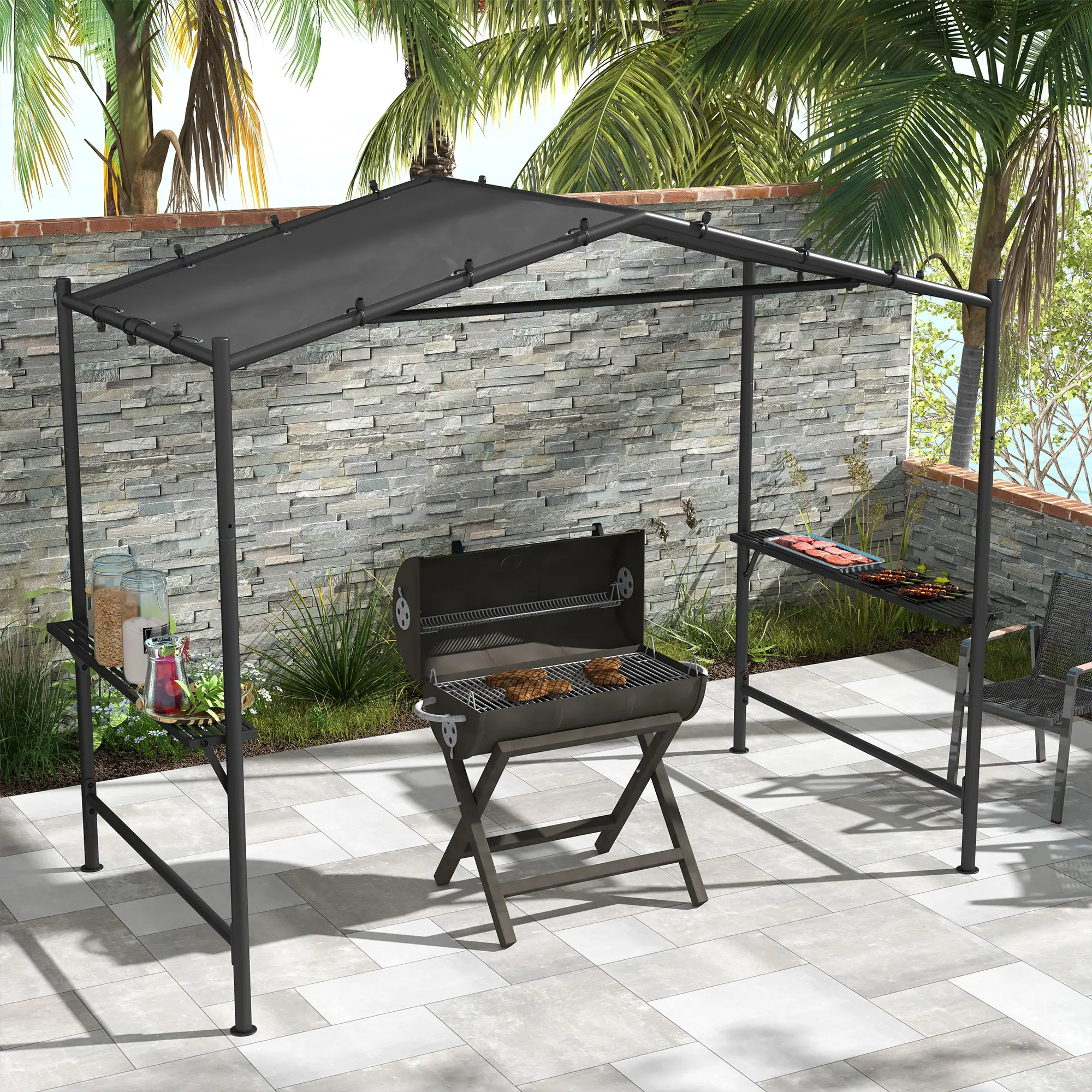 9' x 5' BBQ Grill Gazebo Tent, Steel Frame With Serving Shelves, Dark Grey - Image 2