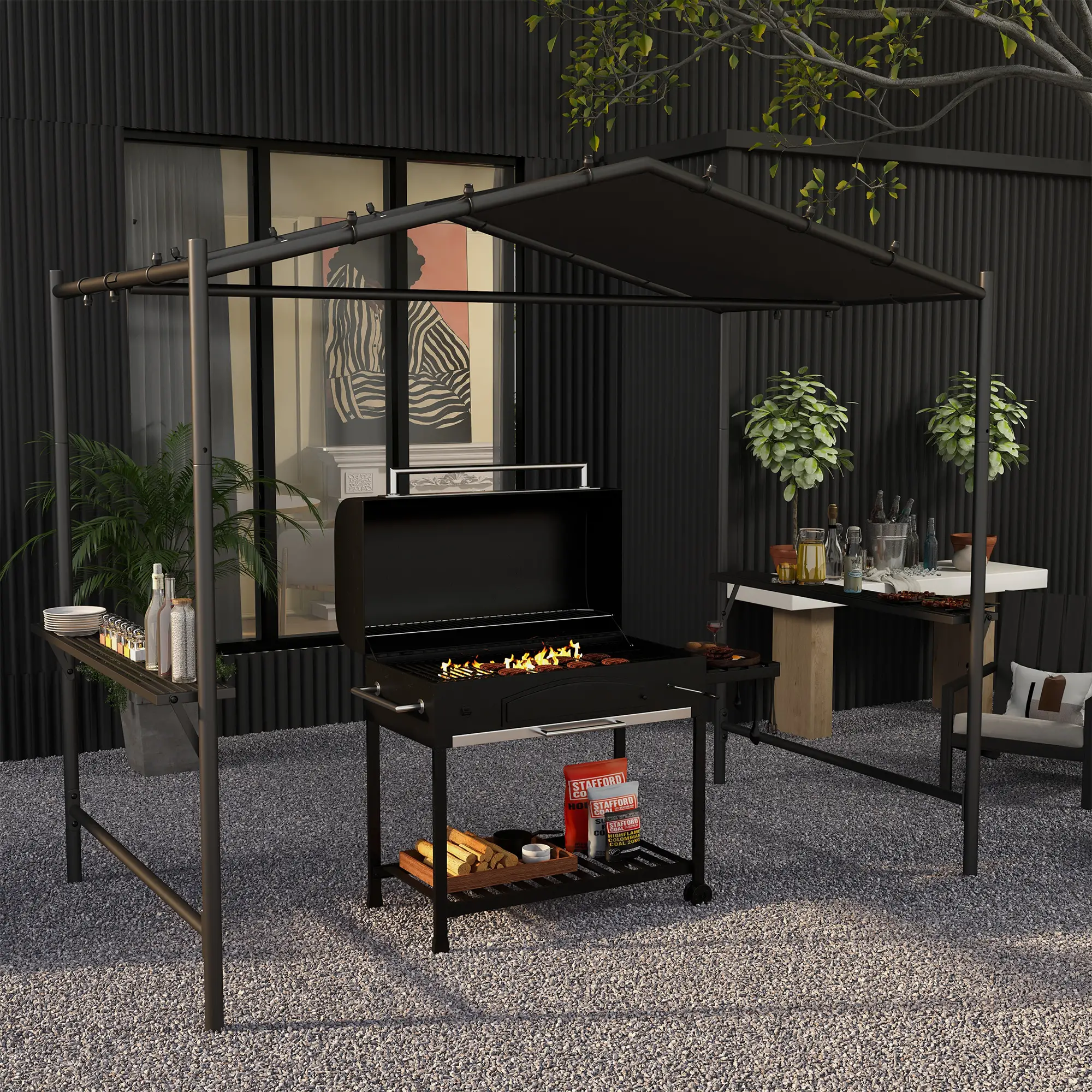 9' x 5' BBQ Grill Gazebo Tent, Steel Frame With Serving Shelves, Dark Grey - Image 7