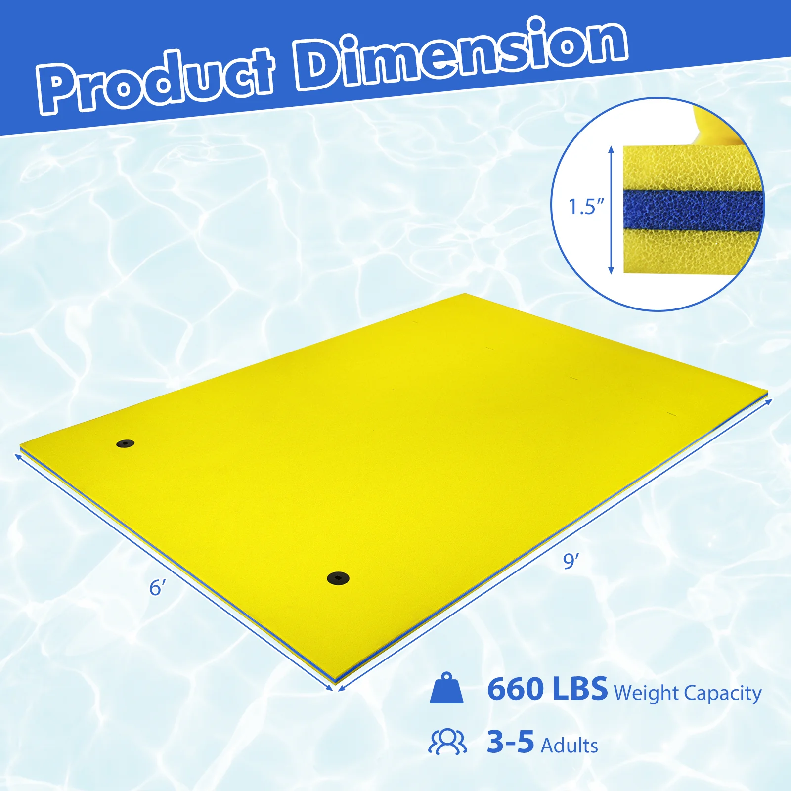 9' x 6' Floating Water Pad, 3 Layer Foam Mat, Yellow - Image 4