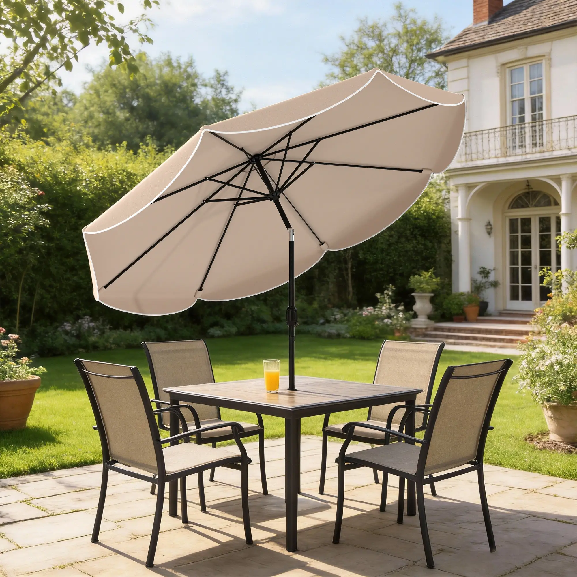 9' x 9' Round Market Umbrella, Tilt Crank Patio, Khaki - Image 2
