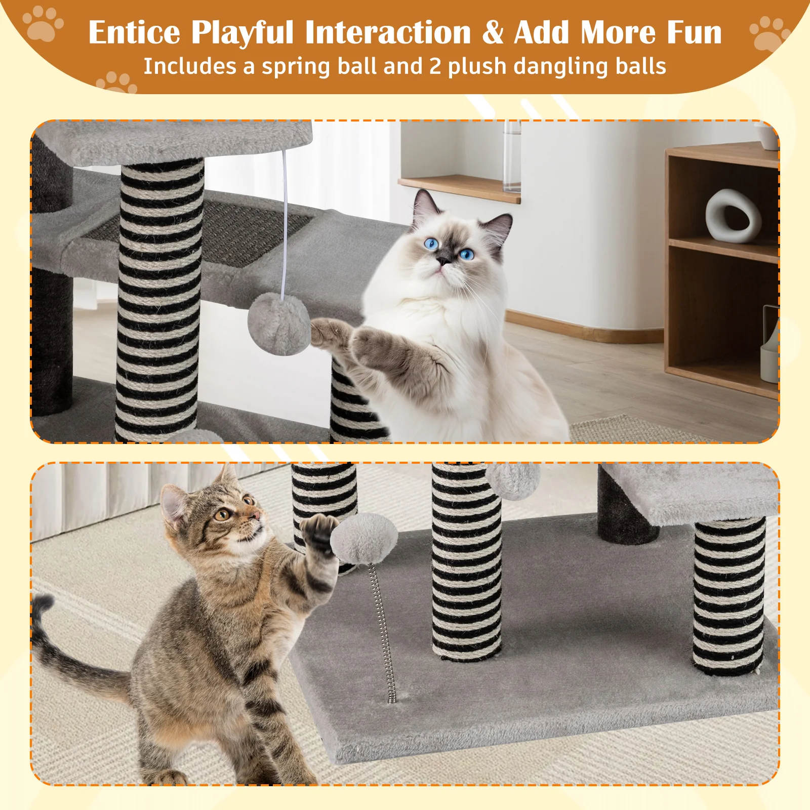 93 CM Tall Cat Tree Kitten Tower with Sisal and Jute Scratching Posts, Gray - Image 10