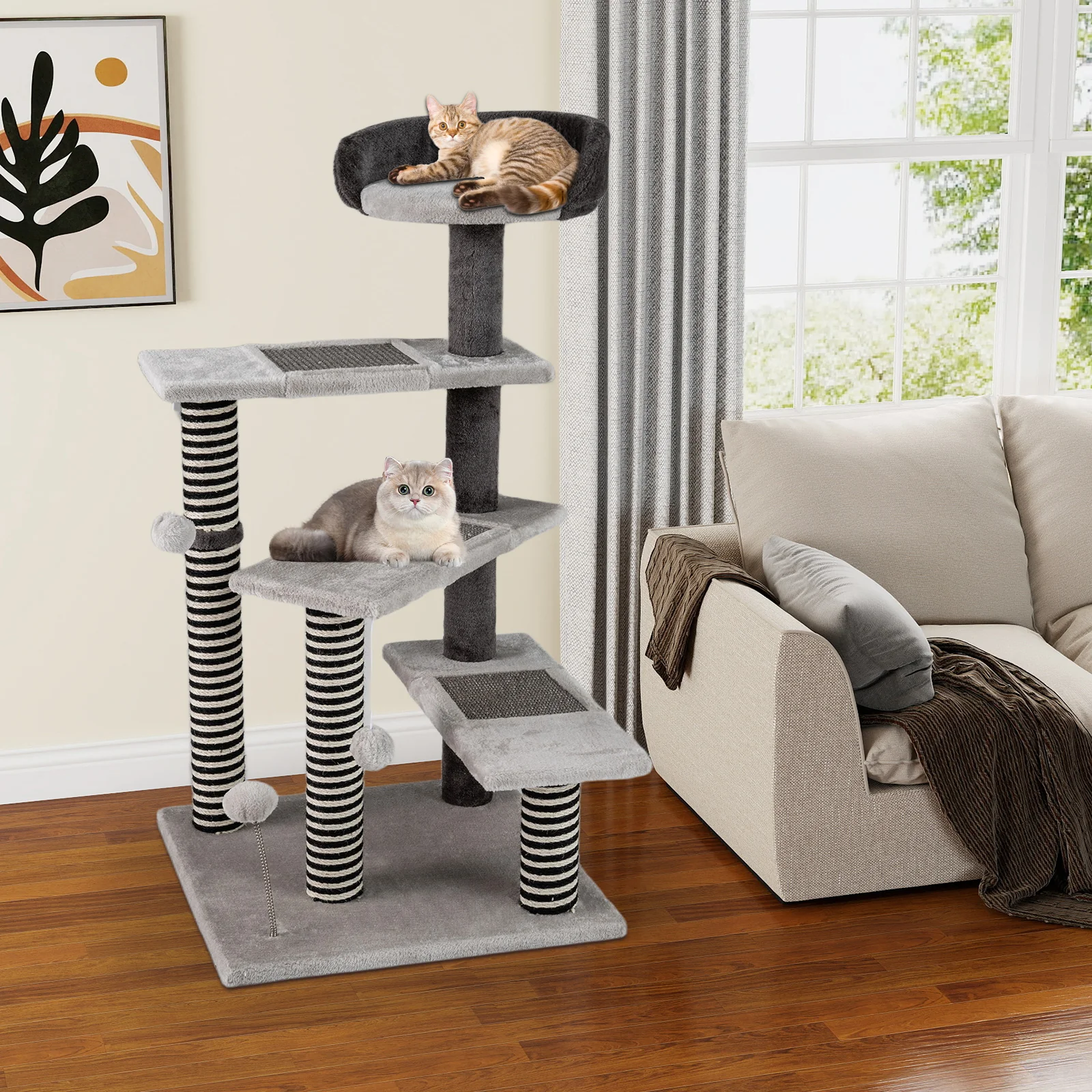93 CM Tall Cat Tree Kitten Tower with Sisal and Jute Scratching Posts, Gray - Image 2