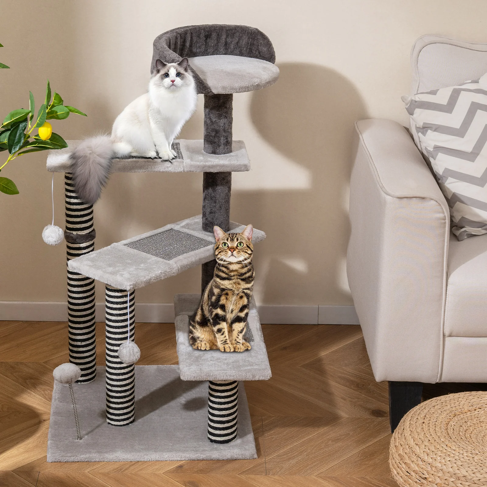 93 CM Tall Cat Tree Kitten Tower with Sisal and Jute Scratching Posts, Gray - Image 3