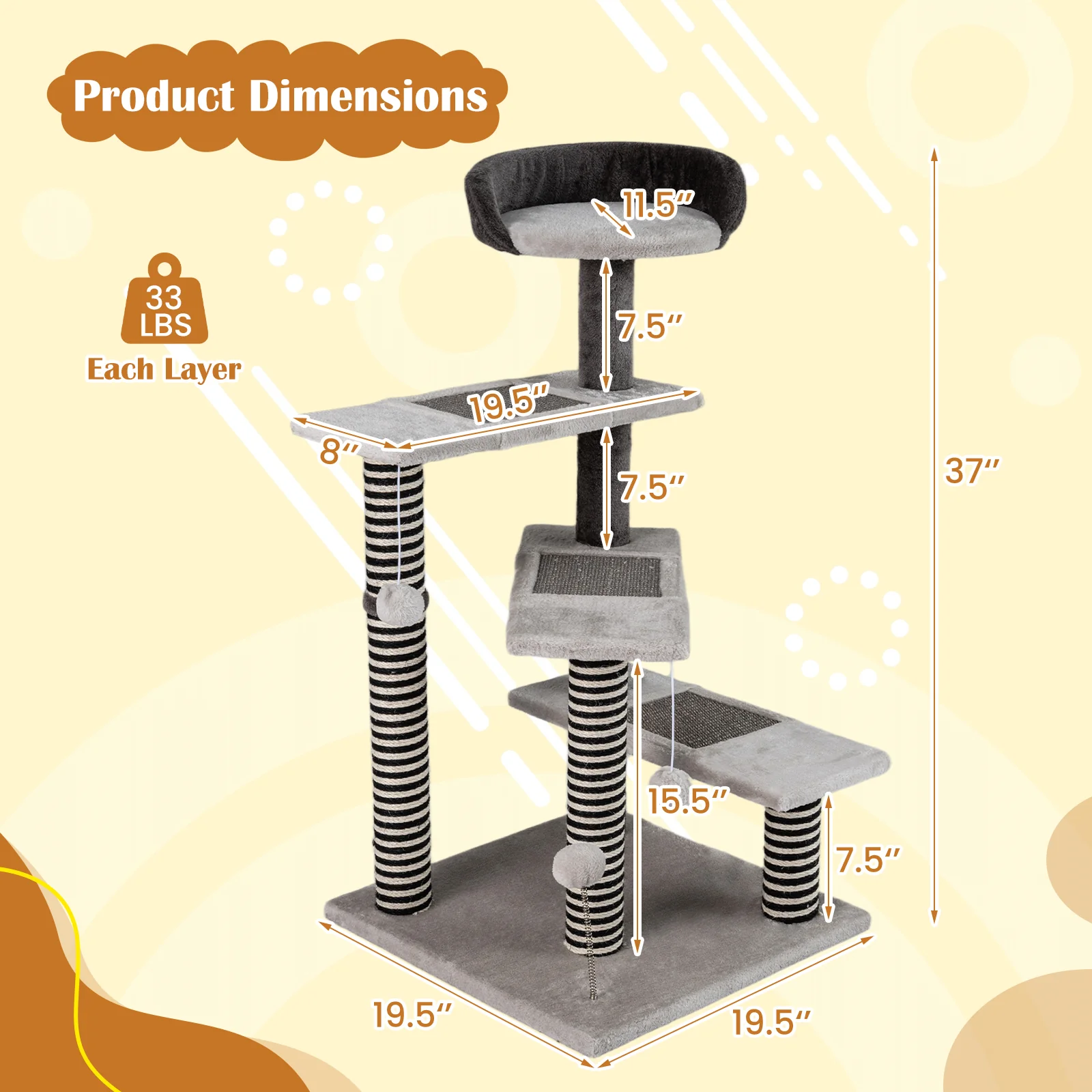 93 CM Tall Cat Tree Kitten Tower with Sisal and Jute Scratching Posts, Gray - Image 6