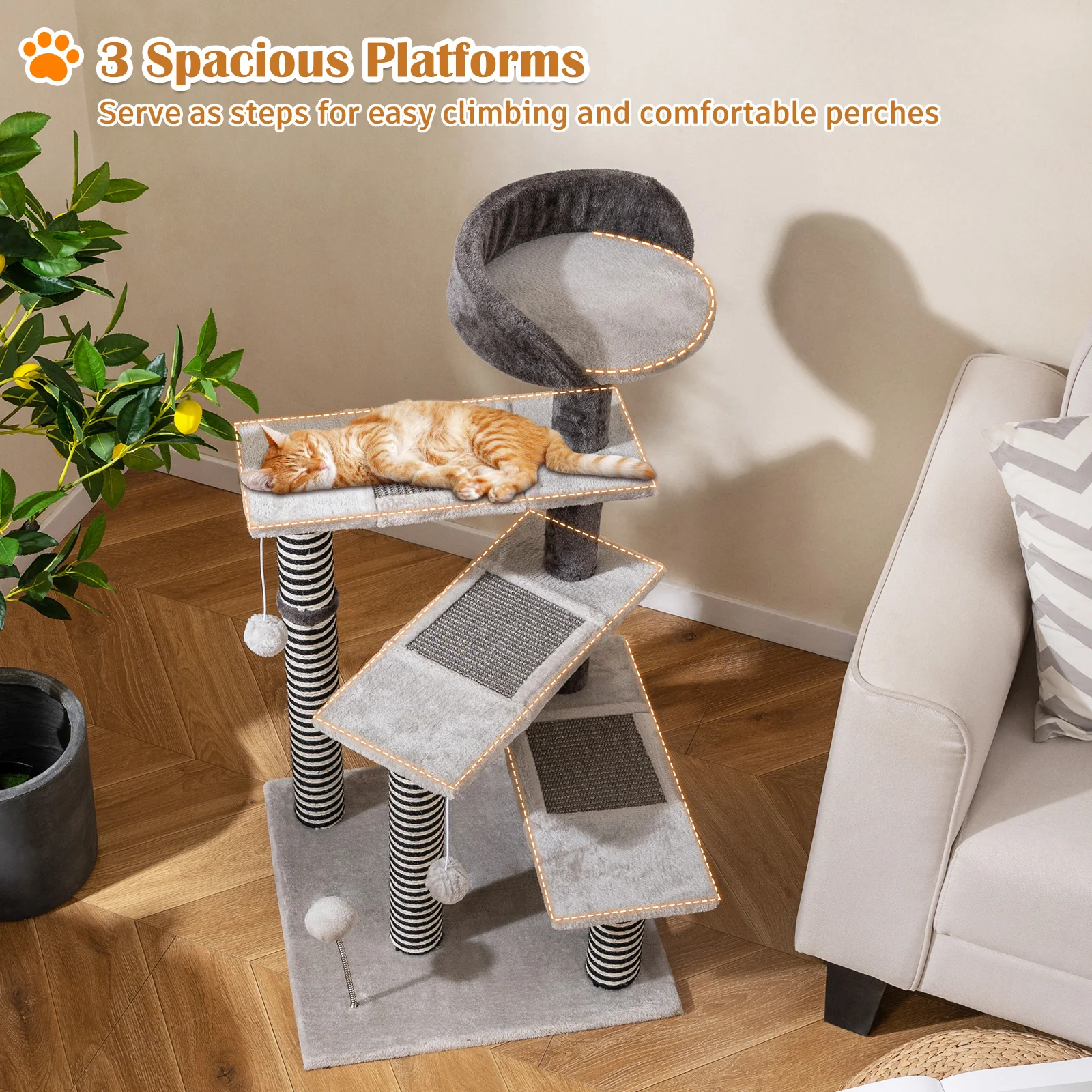 93 CM Tall Cat Tree Kitten Tower with Sisal and Jute Scratching Posts, Gray - Image 8