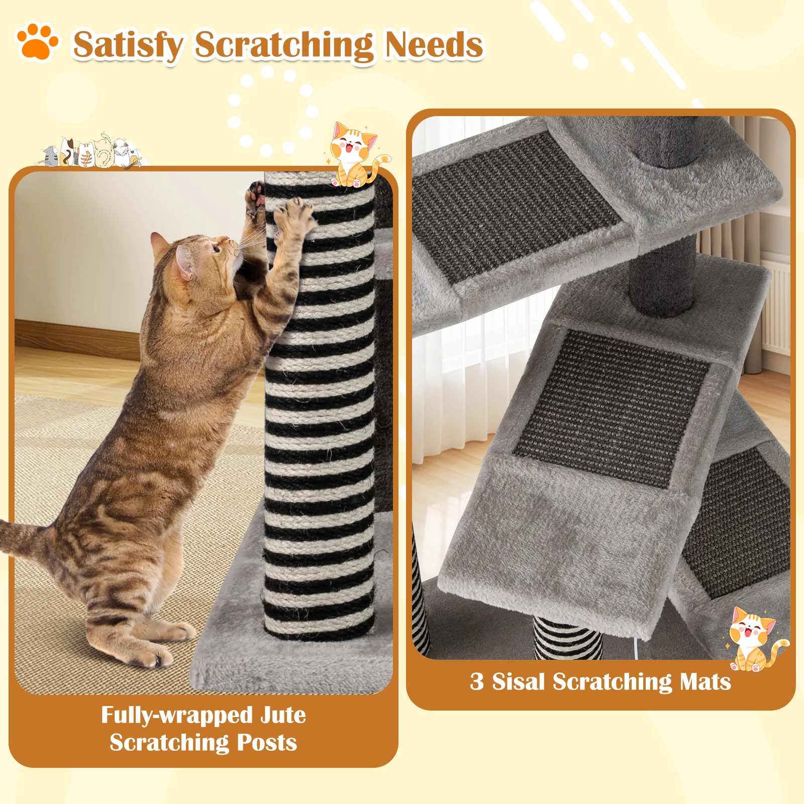 93 CM Tall Cat Tree Kitten Tower with Sisal and Jute Scratching Posts, Gray - Image 9
