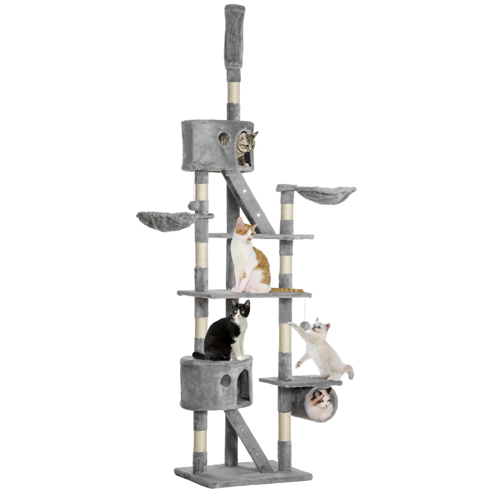94"-102" Cat Tree, Ceiling High Condo, Scratching Post, Multi-Level Play House, Light Grey