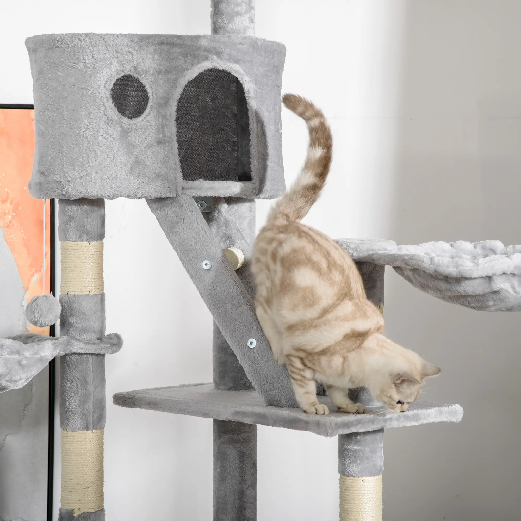 94"-102" Cat Tree, Ceiling High Condo, Scratching Post, Multi-Level Play House, Light Grey - Image 10