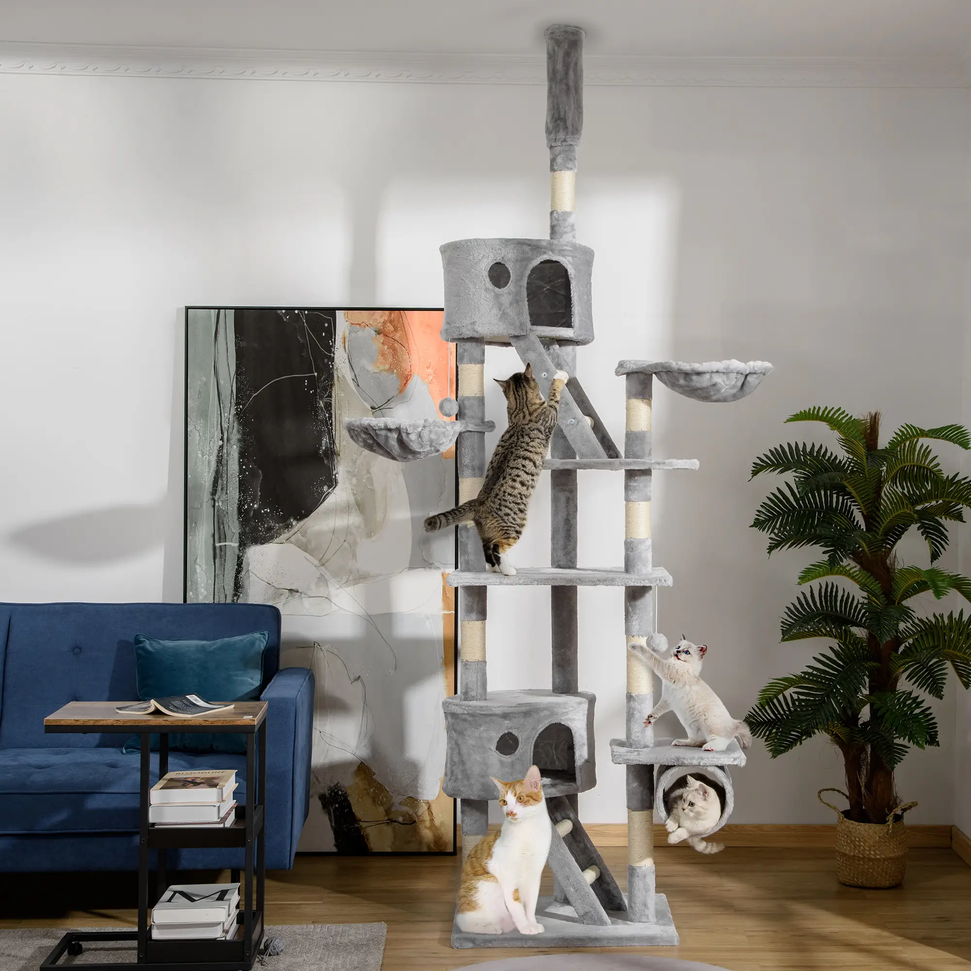 94"-102" Cat Tree, Ceiling High Condo, Scratching Post, Multi-Level Play House, Light Grey - Image 2