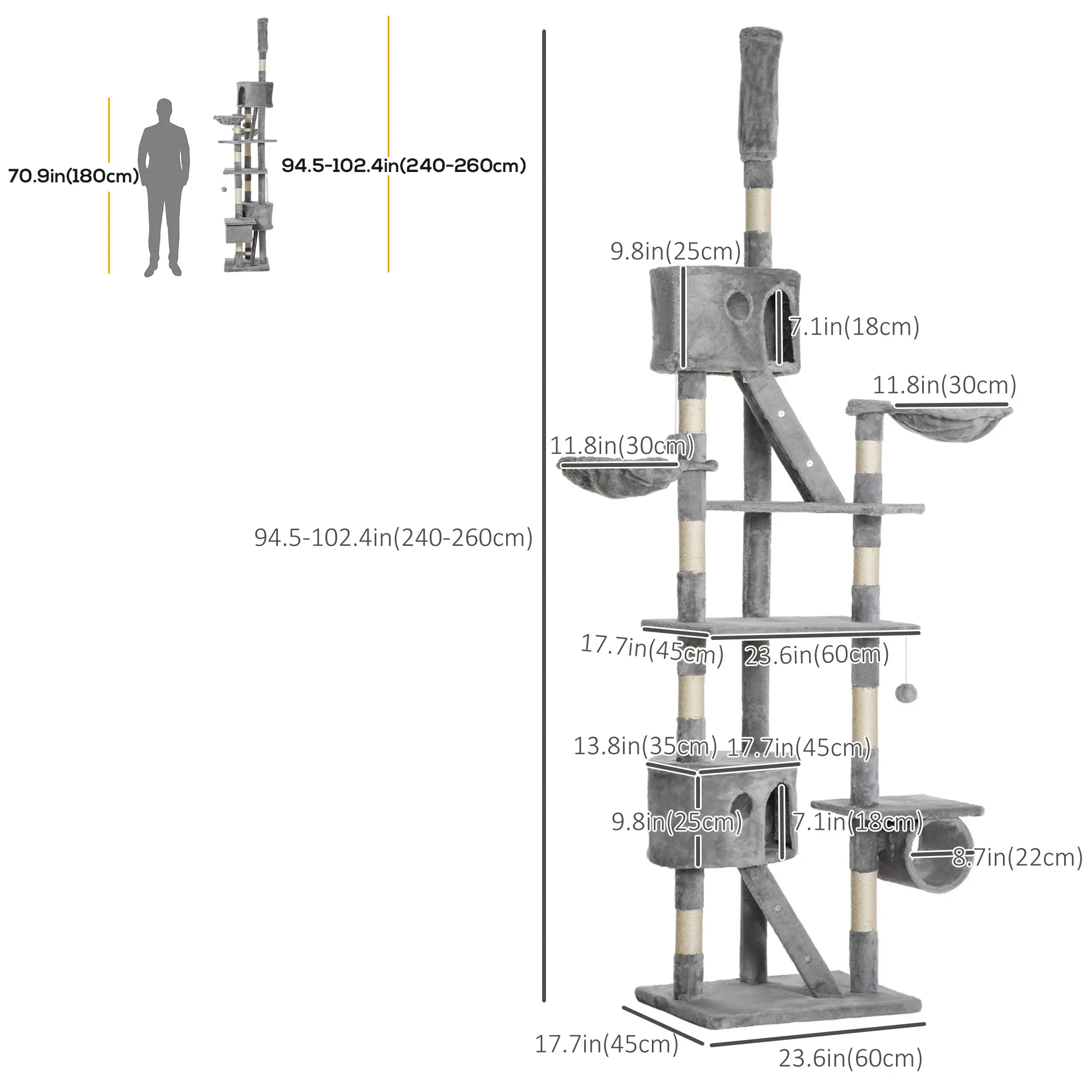 94"-102" Cat Tree, Ceiling High Condo, Scratching Post, Multi-Level Play House, Light Grey - Image 3