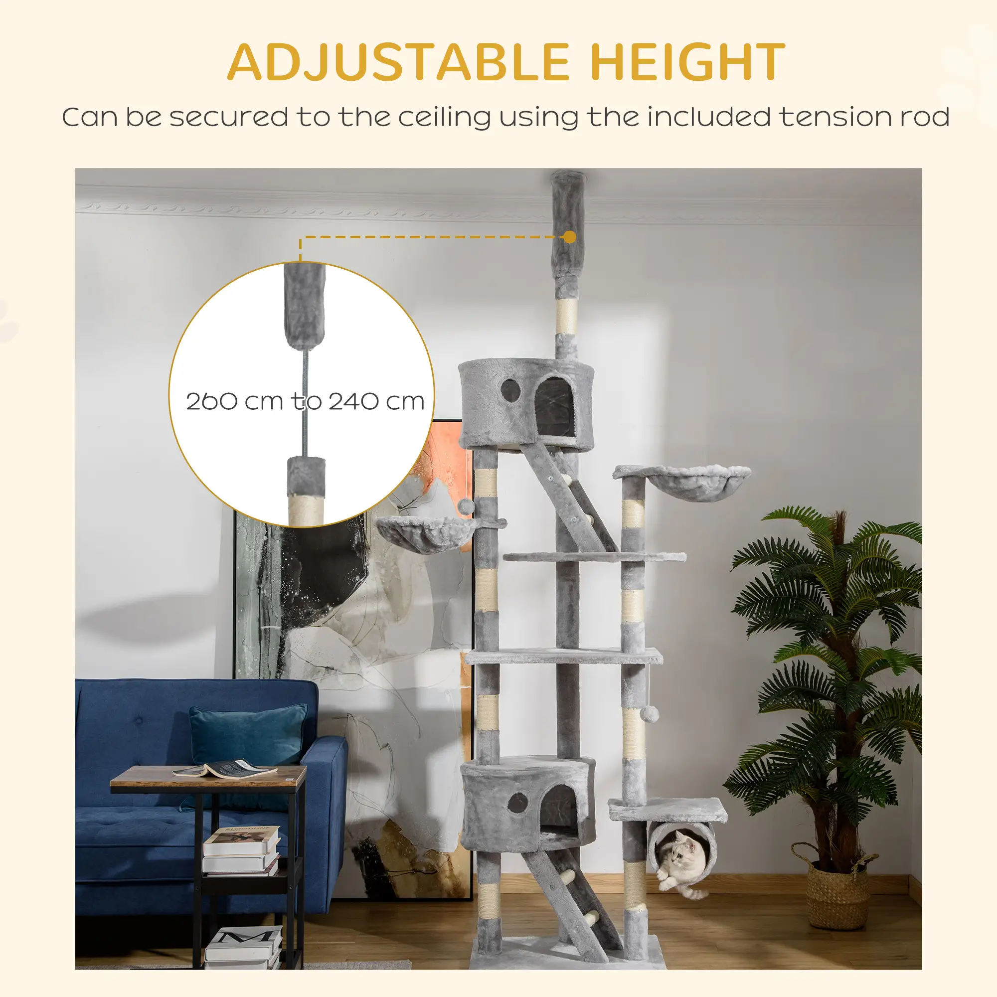94"-102" Cat Tree, Ceiling High Condo, Scratching Post, Multi-Level Play House, Light Grey - Image 4