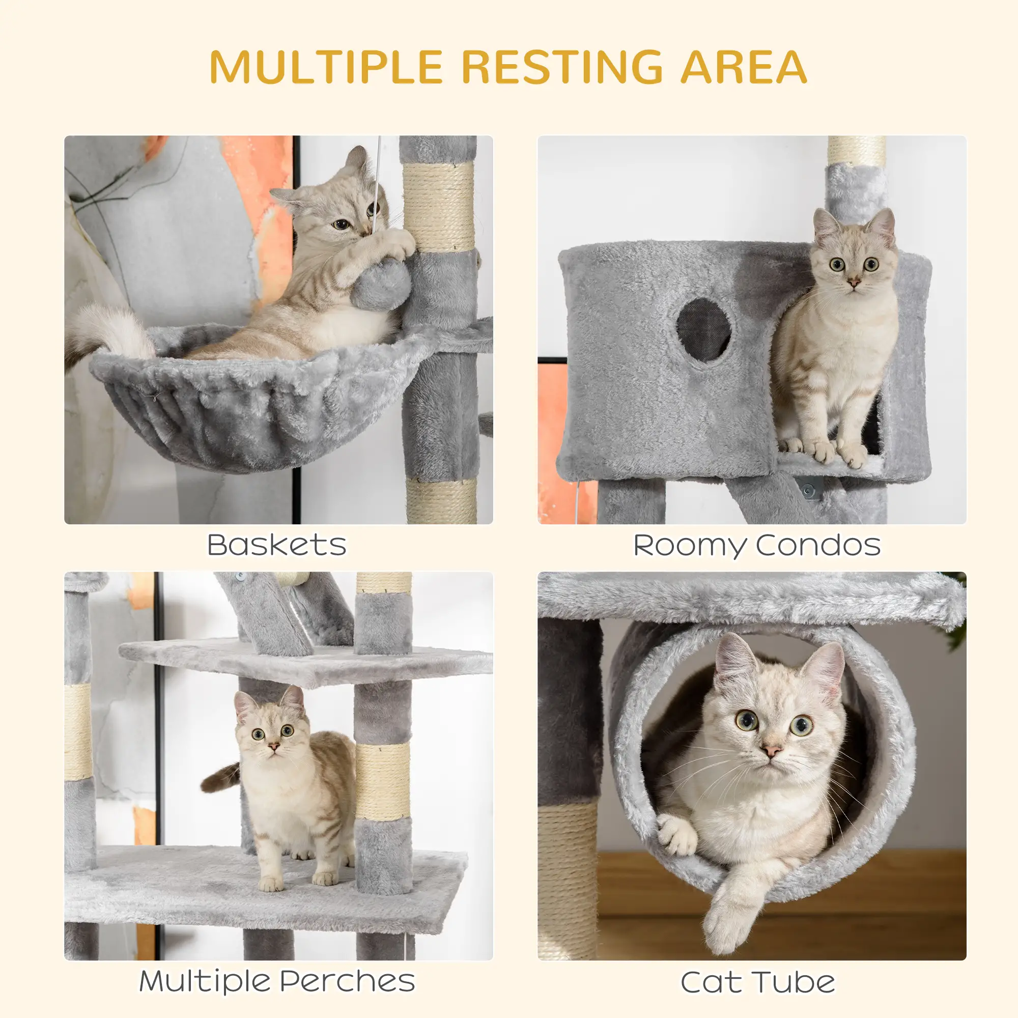 94"-102" Cat Tree, Ceiling High Condo, Scratching Post, Multi-Level Play House, Light Grey - Image 5