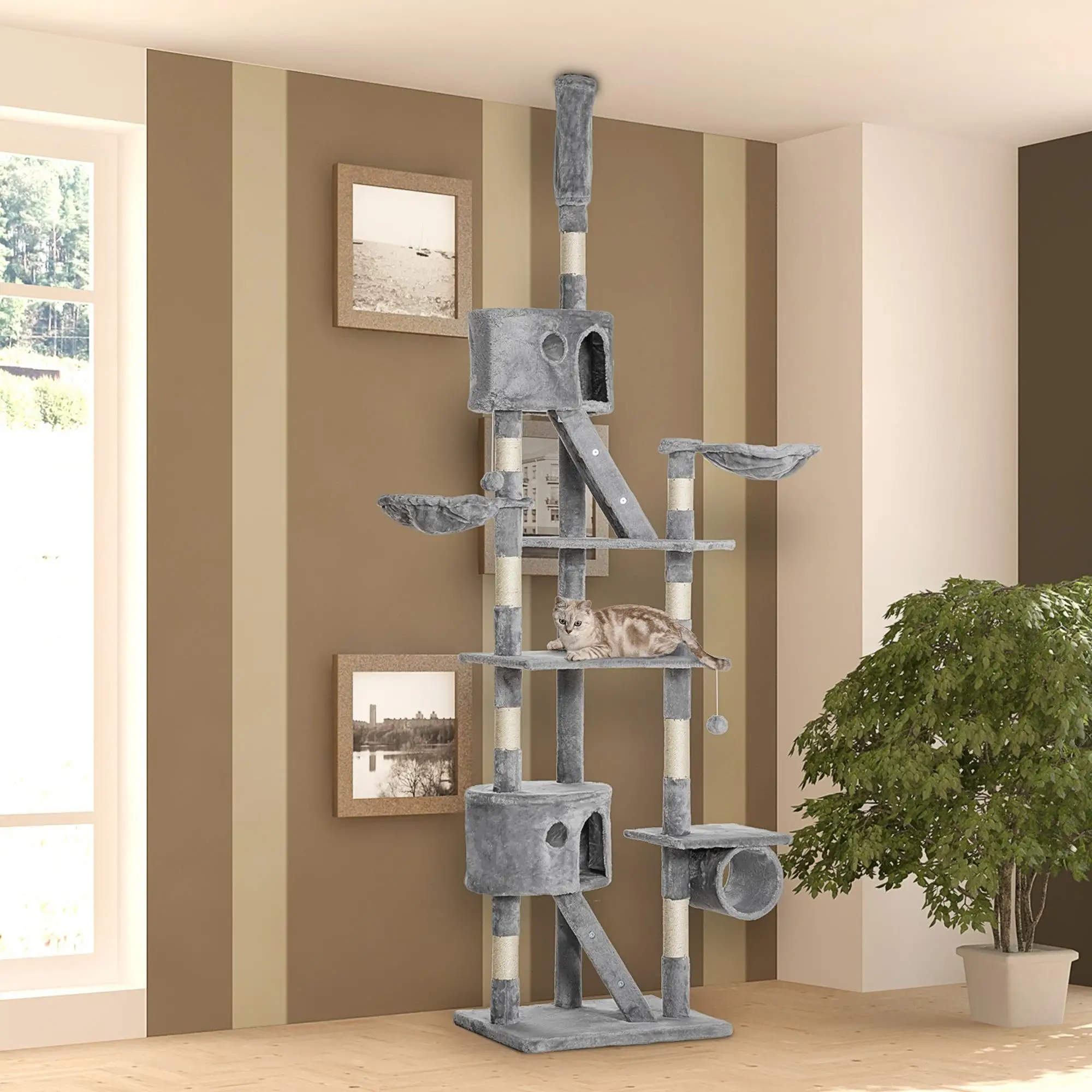94"-102" Cat Tree, Ceiling High Condo, Scratching Post, Multi-Level Play House, Light Grey - Image 8