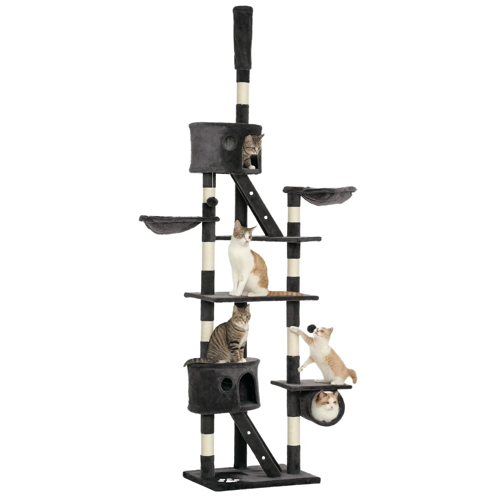 94"-102" Cat Tree, Floor to Ceiling, Multi-Level Play House, Dark Grey