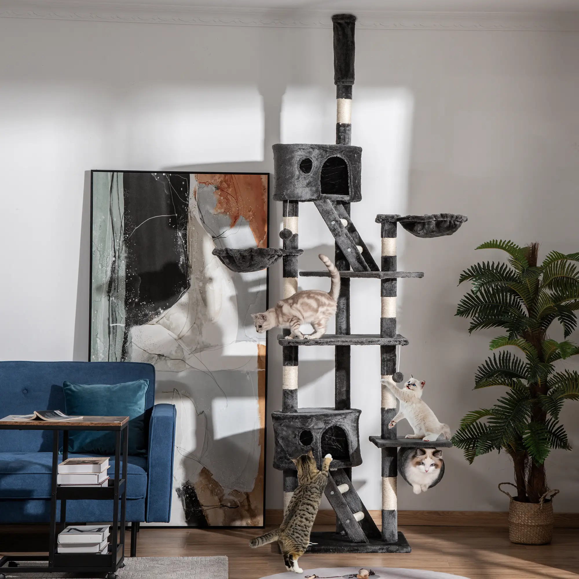 94"-102" Cat Tree, Floor to Ceiling, Multi-Level Play House, Dark Grey - Image 2