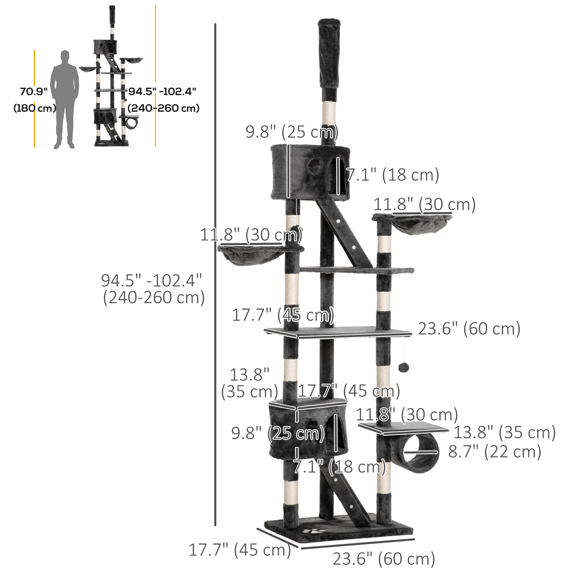 94"-102" Cat Tree, Floor to Ceiling, Multi-Level Play House, Dark Grey - Image 3