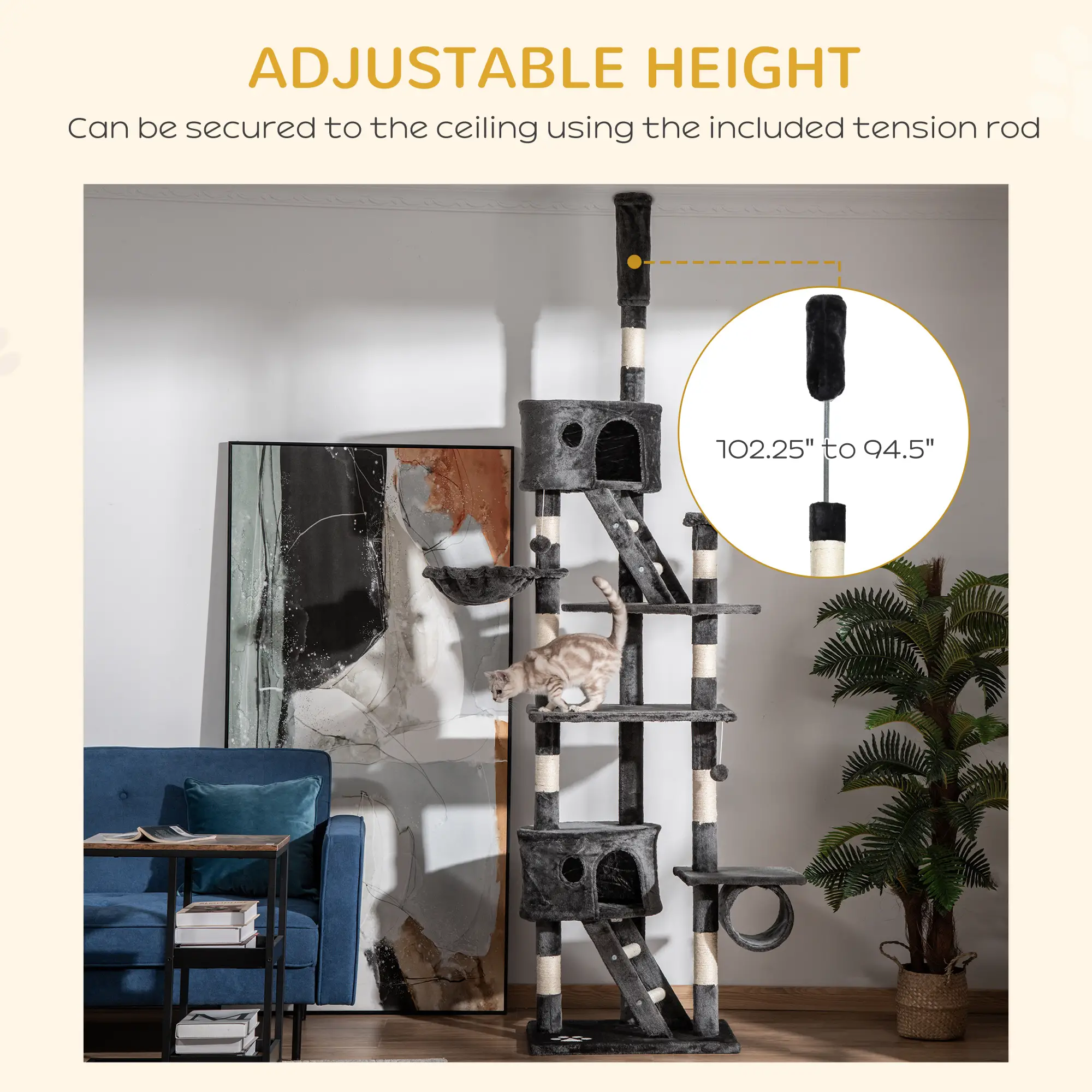 94"-102" Cat Tree, Floor to Ceiling, Multi-Level Play House, Dark Grey - Image 5