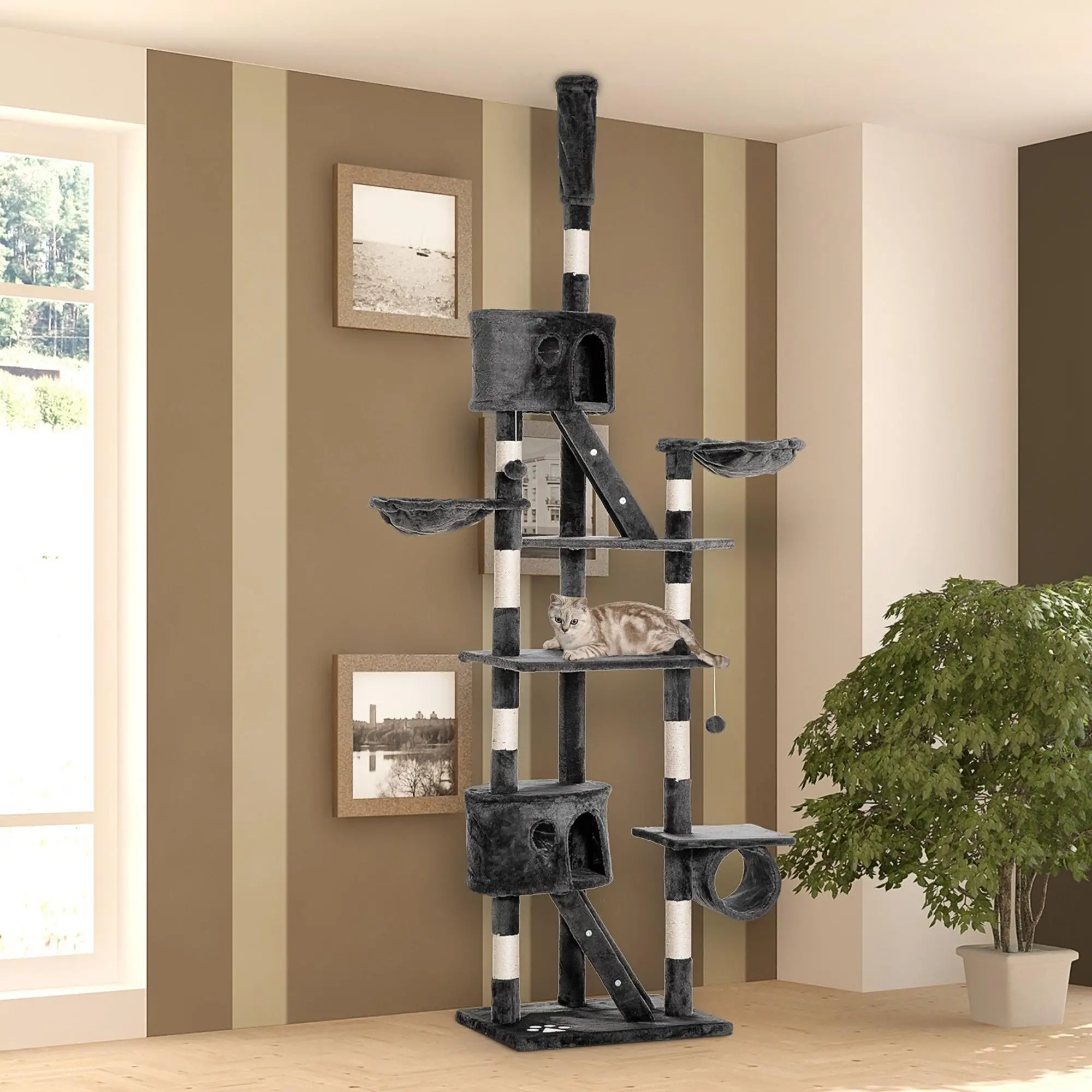 94"-102" Cat Tree, Floor to Ceiling, Multi-Level Play House, Dark Grey - Image 8