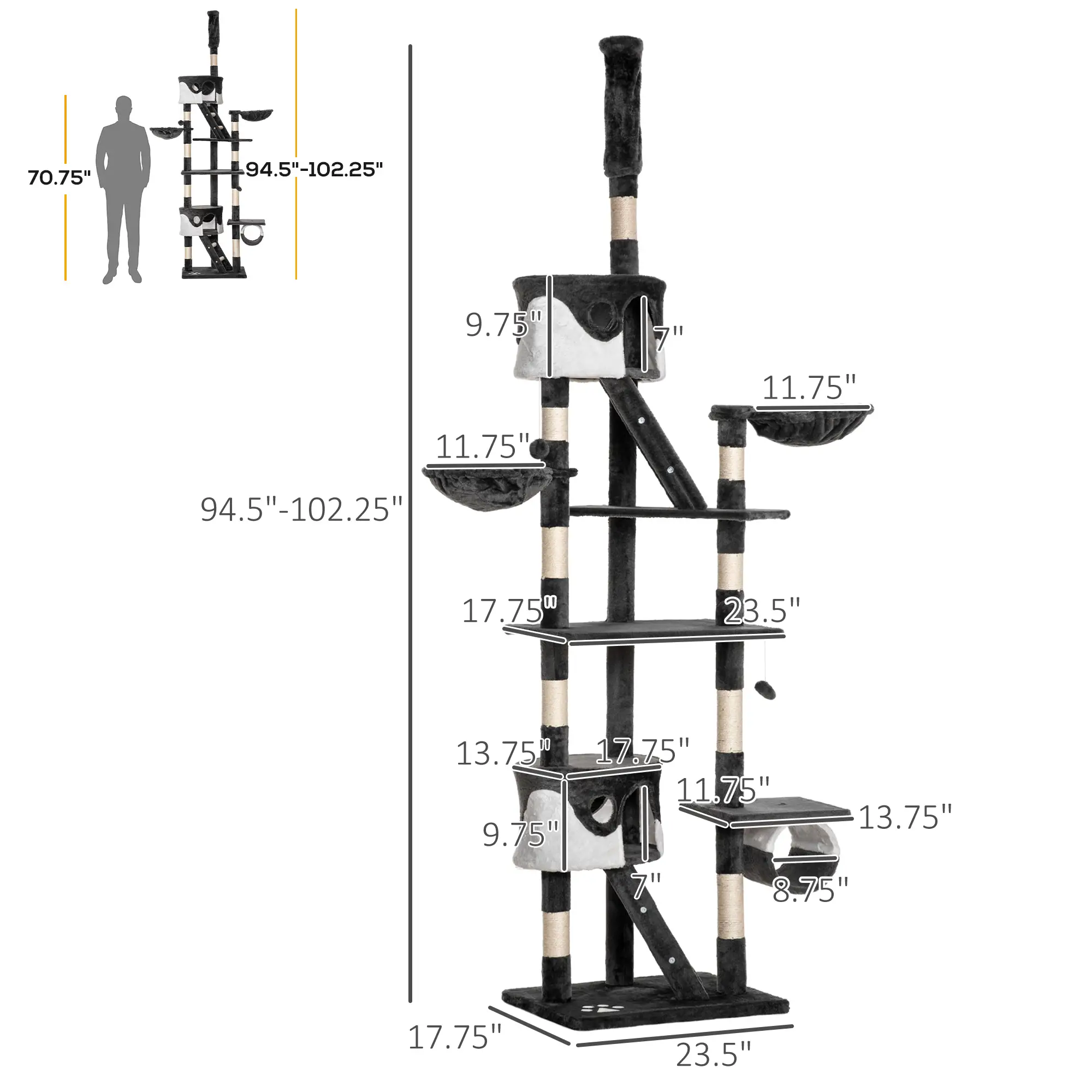 94"-102" Floor to Ceiling Cat Tree, Multi-Level Play House, Scratching Post - Image 3