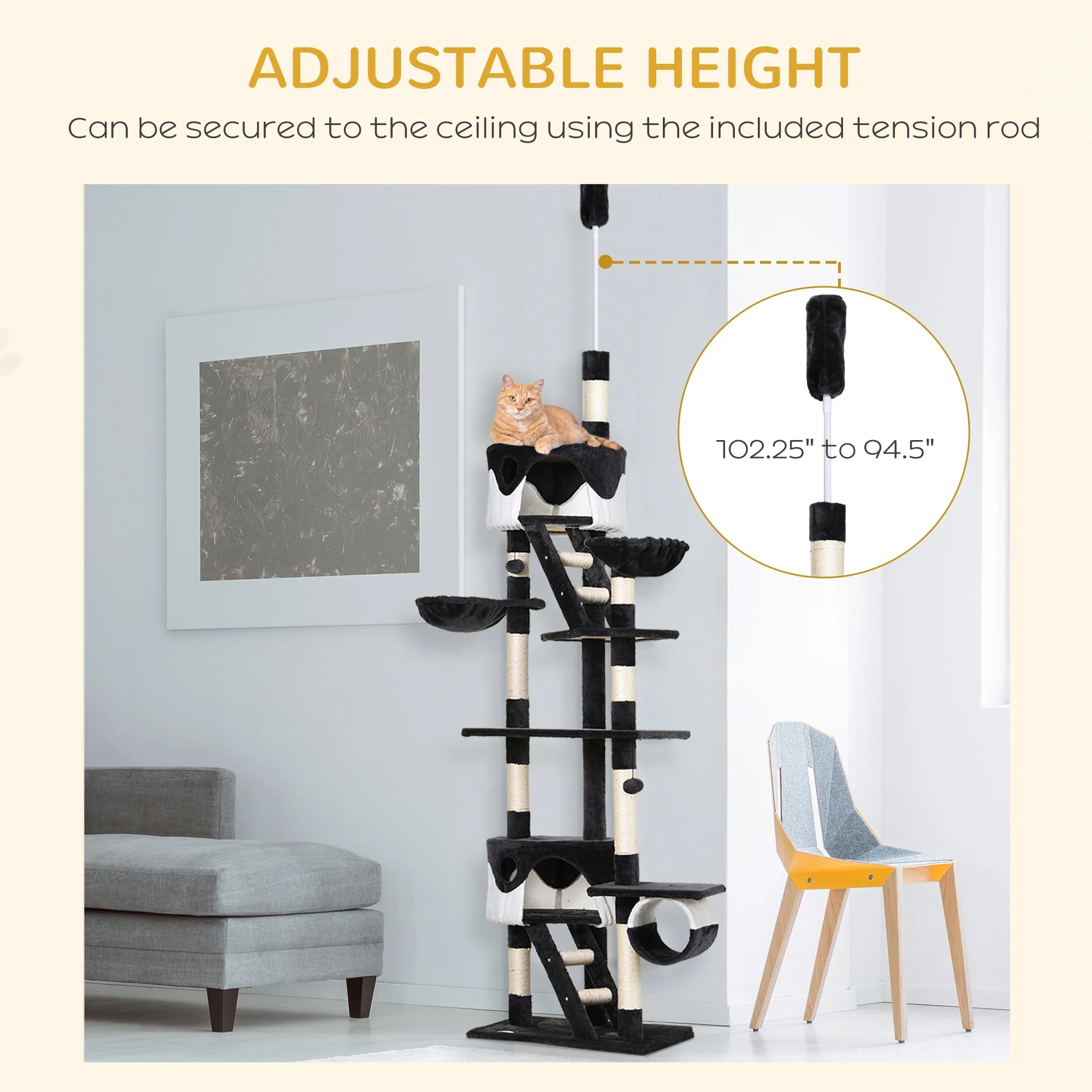 94"-102" Floor to Ceiling Cat Tree, Multi-Level Play House, Scratching Post - Image 5