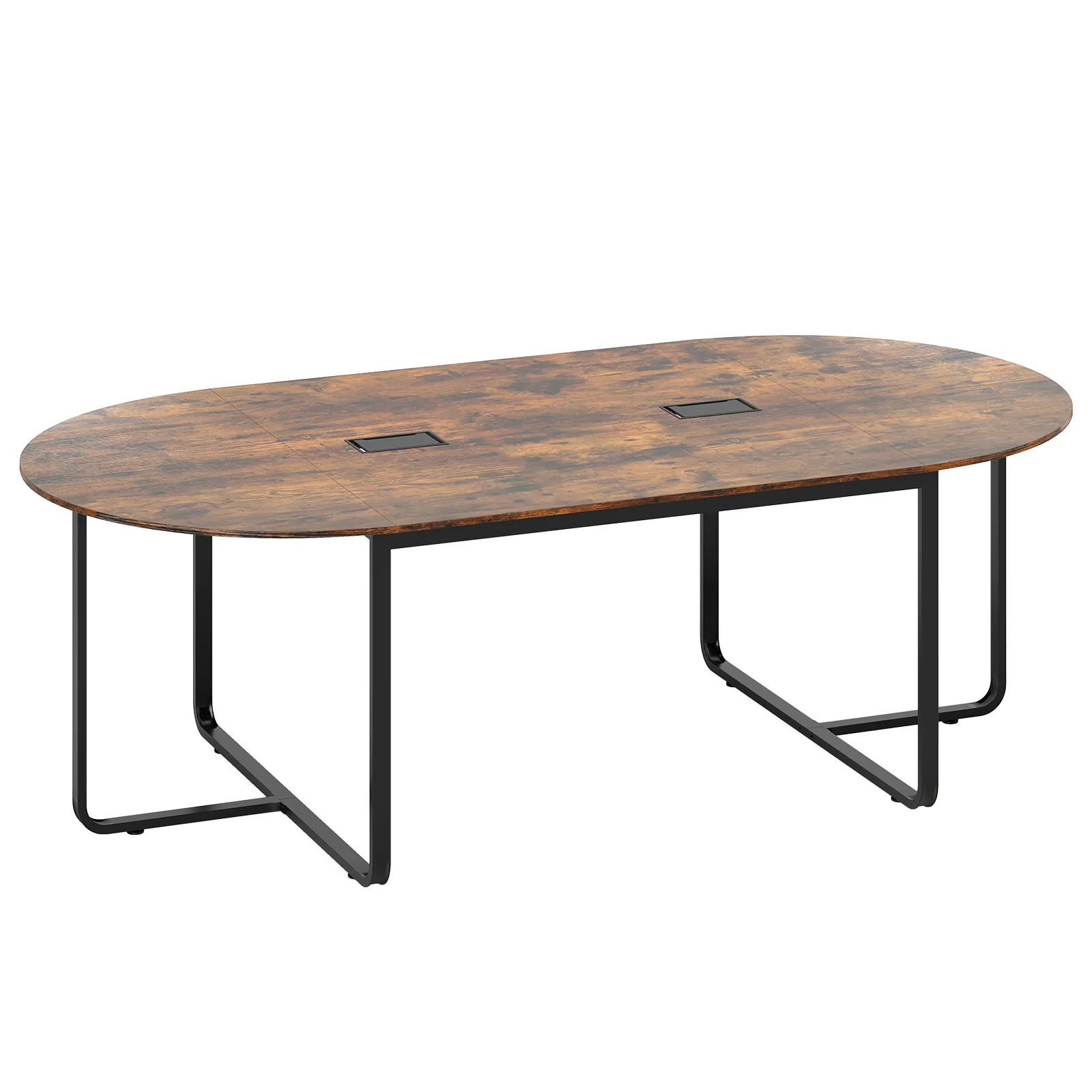 95 Inches Oval Conference Table, Dual Cable Holes, Rustic Brown