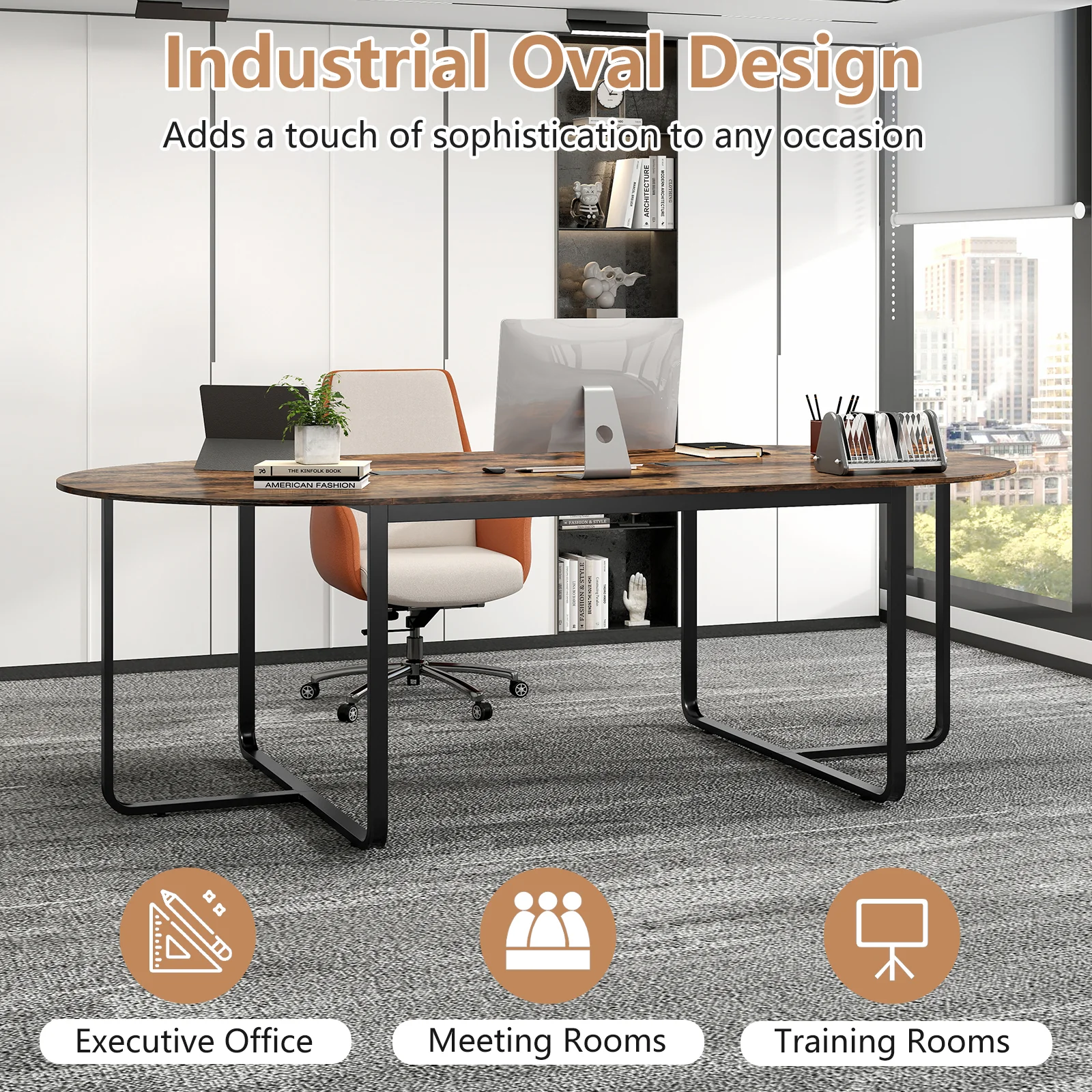 95 Inches Oval Conference Table, Dual Cable Holes, Rustic Brown - Image 10