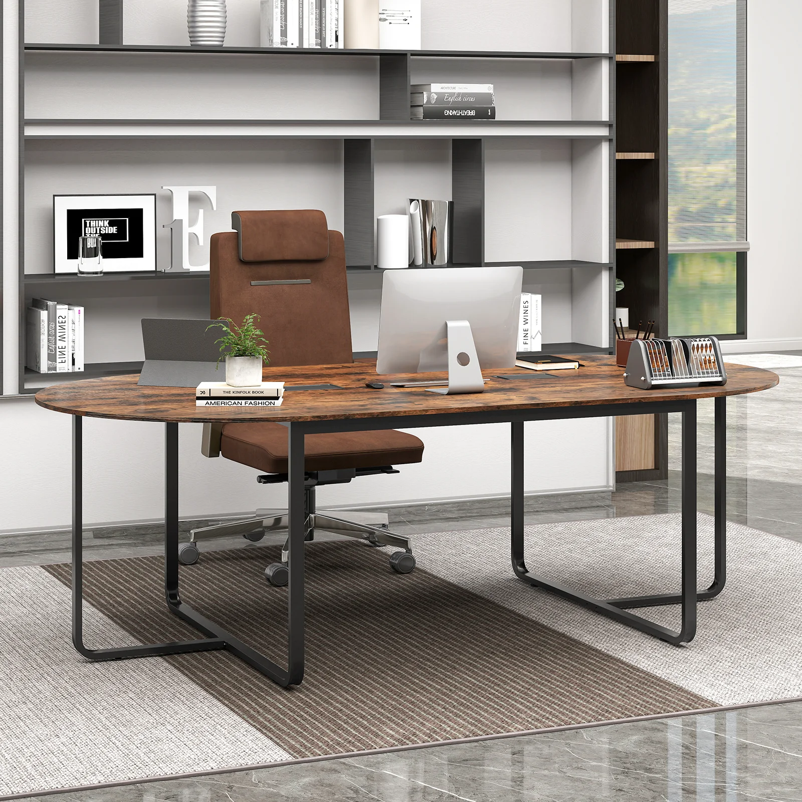 95 Inches Oval Conference Table, Dual Cable Holes, Rustic Brown - Image 2