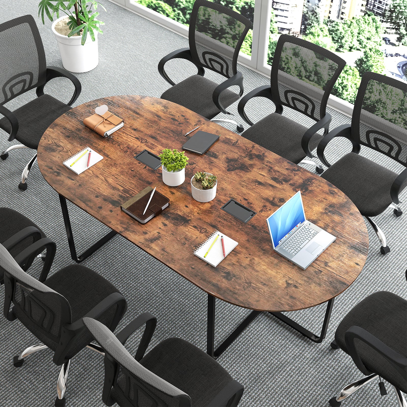 95 Inches Oval Conference Table, Dual Cable Holes, Rustic Brown - Image 3