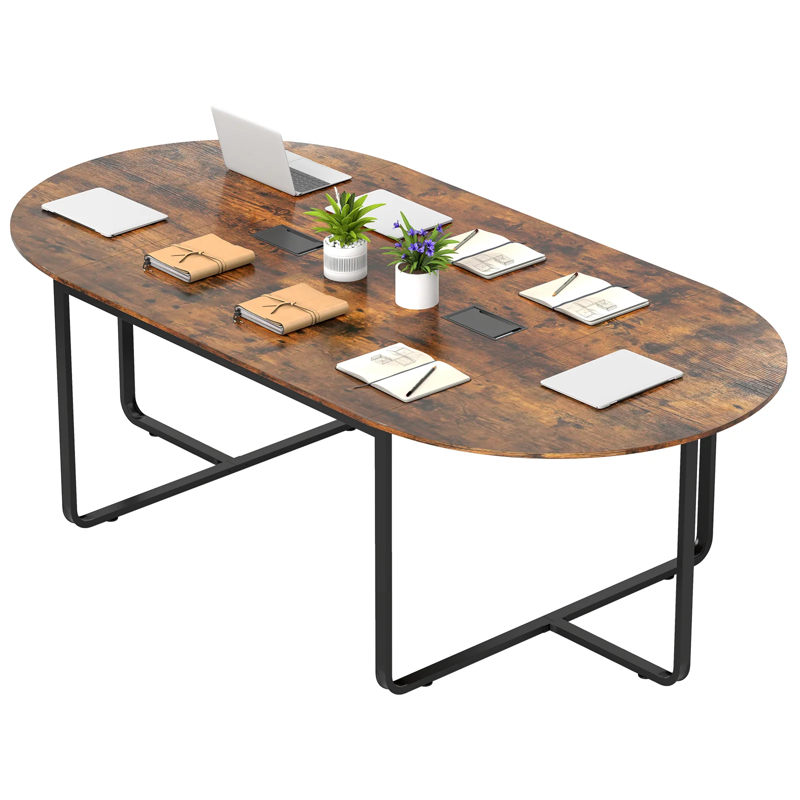95 Inches Oval Conference Table, Dual Cable Holes, Rustic Brown - Image 5